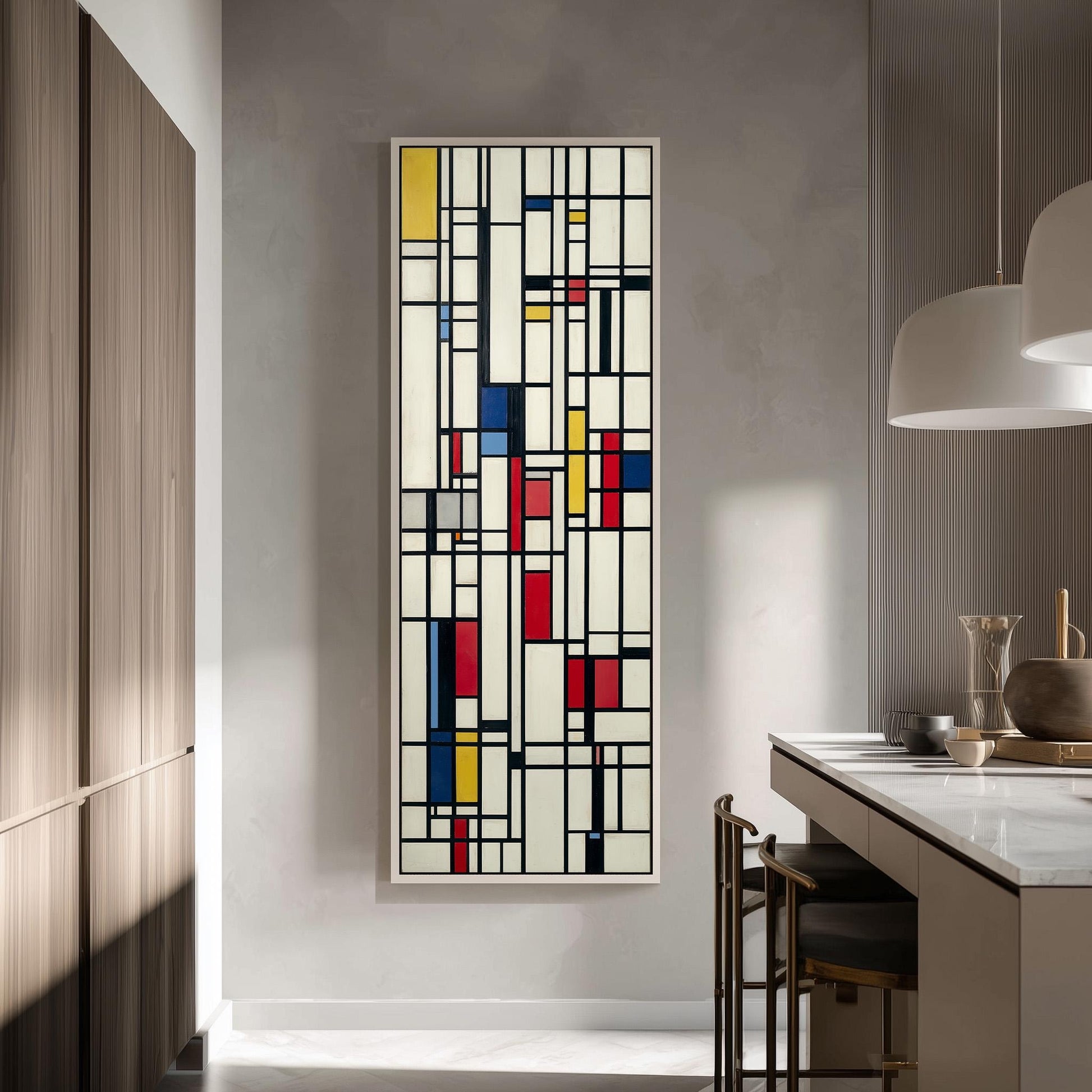 a modern kitchen with a large abstract painting hanging on the wall. The painting has a geometric design with bold colors and shapes, creating a striking visual contrast against the neutral tones of the kitchen.