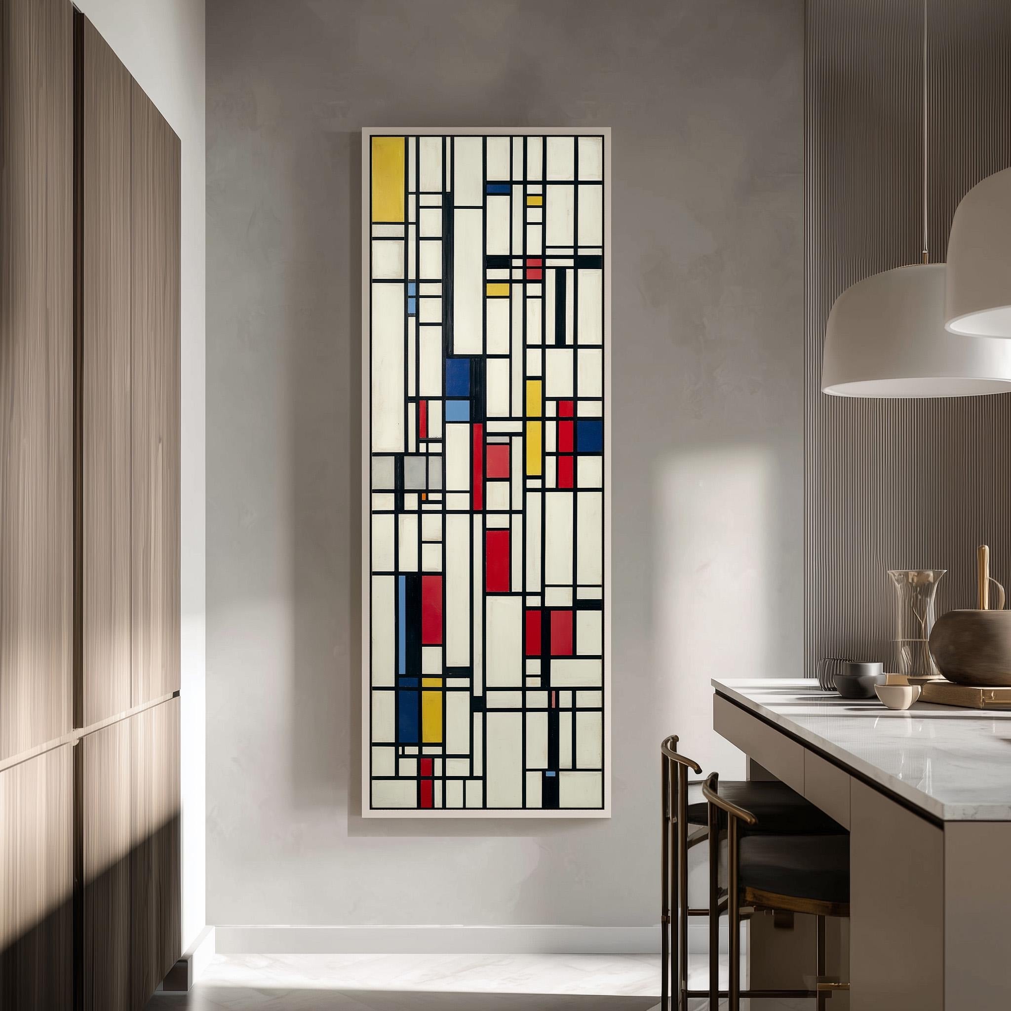 a modern kitchen with a large abstract painting hanging on the wall. The painting has a geometric design with bold colors and shapes, creating a striking visual contrast against the neutral tones of the kitchen.