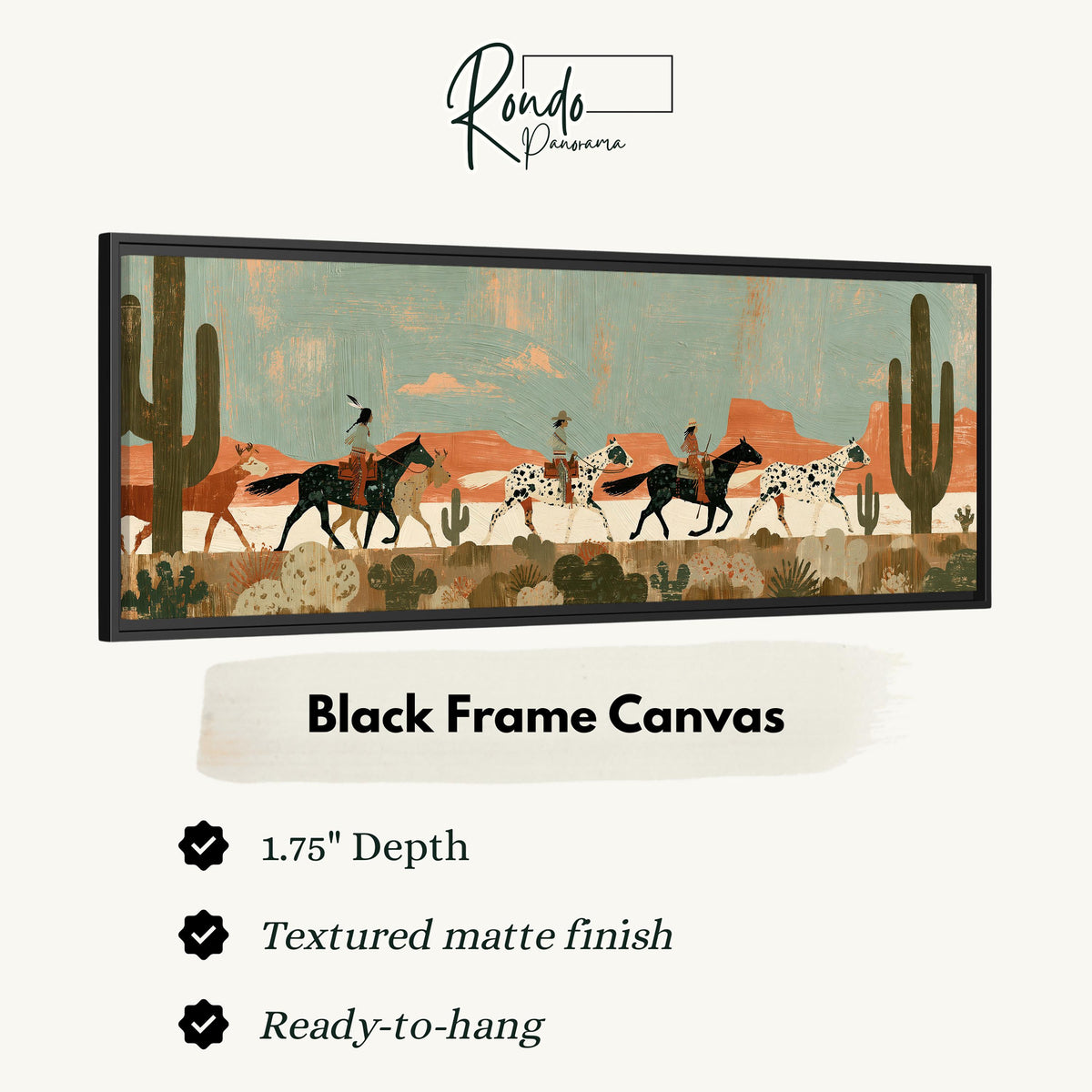 Riders on spotted horses across a red rock desert canvas print in a black floating frame