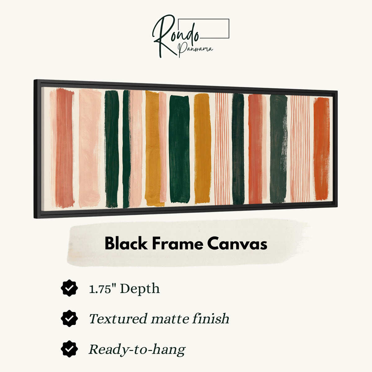 Mixed stripe blocks in terracotta, pink and green canvas print in a black floating frame