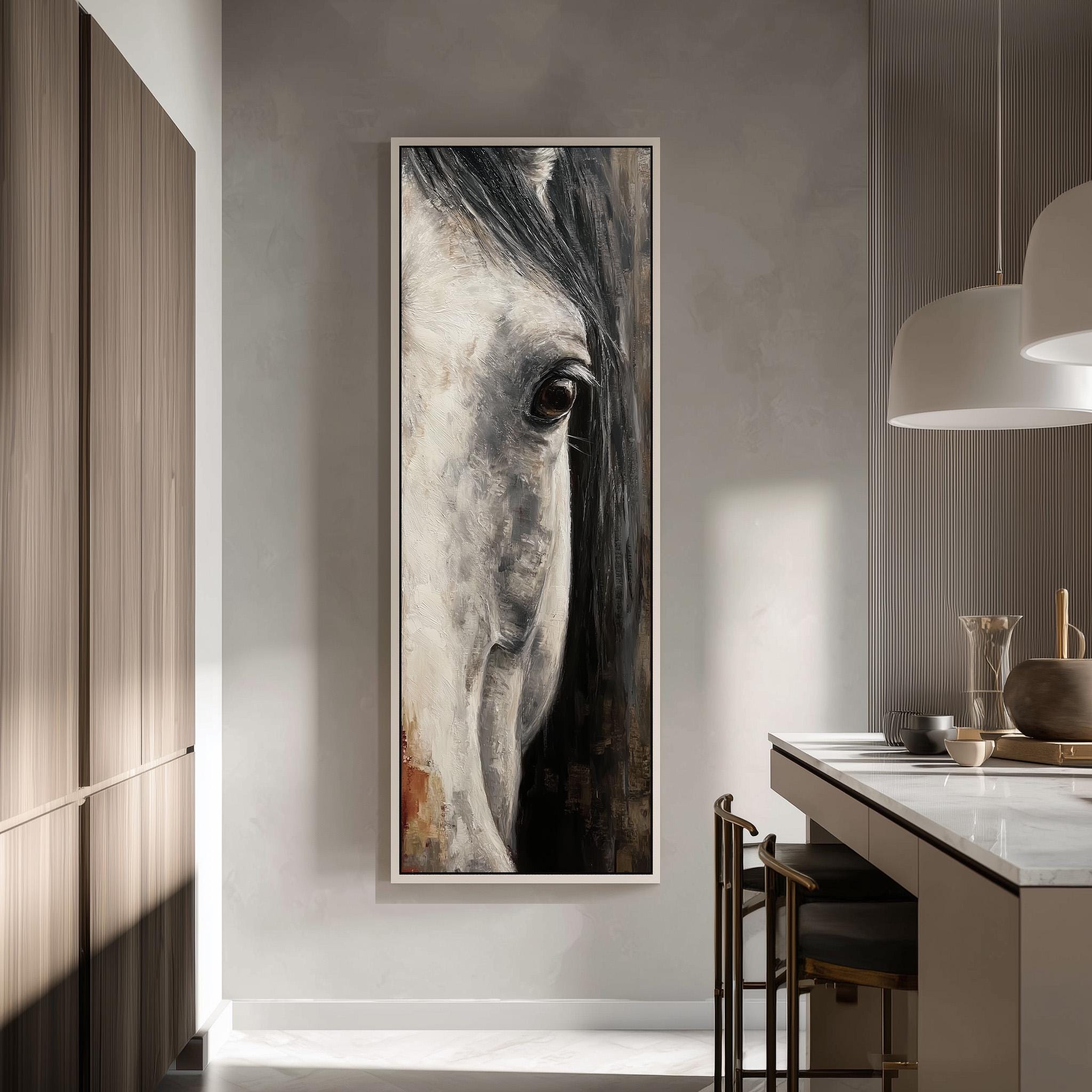 a large painting of a horse's face hanging on a wall in a modern, minimalist kitchen.