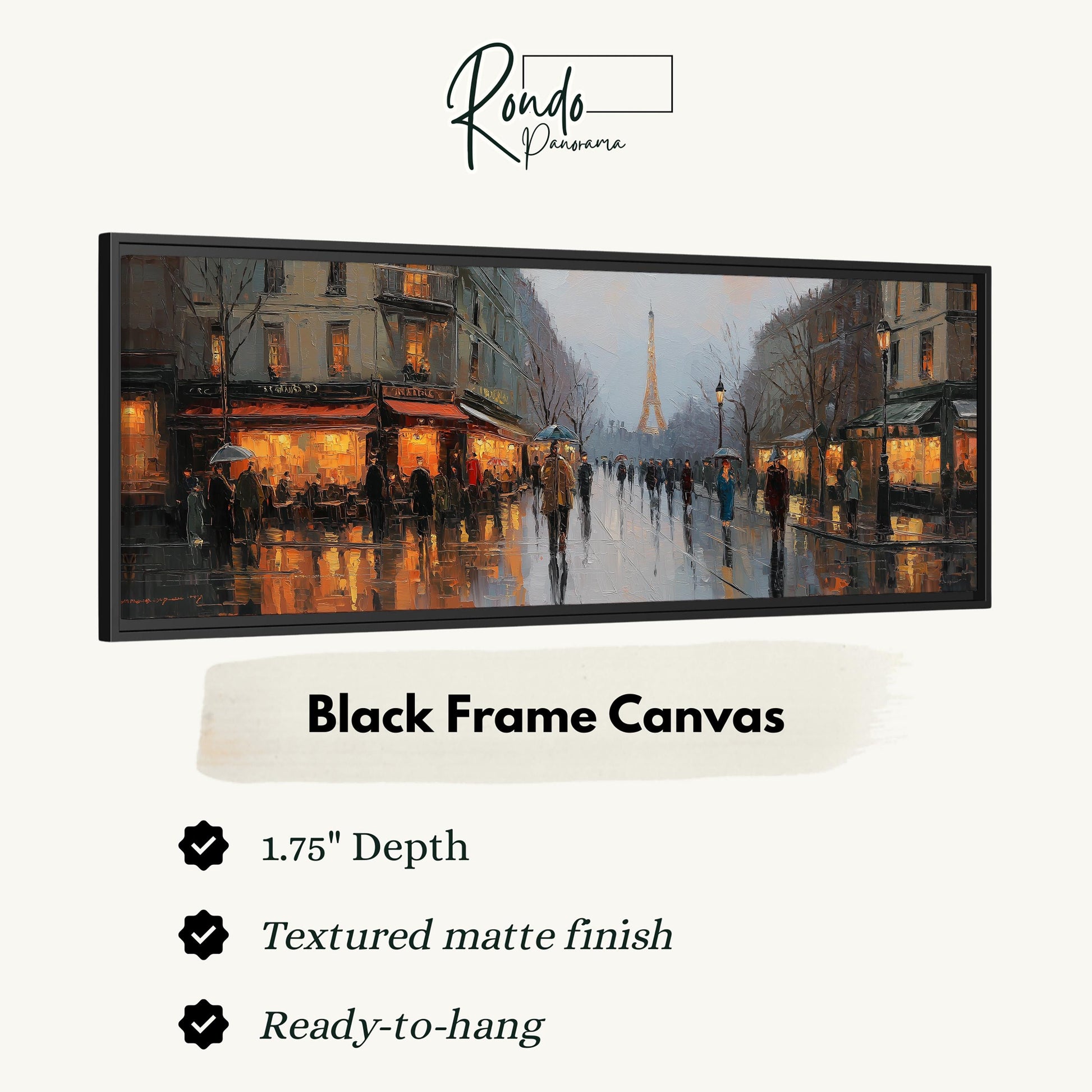 The image is a black frame canvas depicting a rainy city street scene with people walking and buildings illuminated by warm lighting.