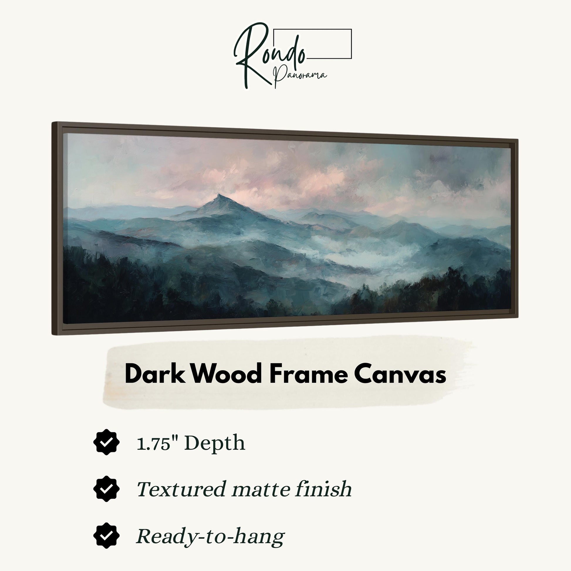 The image is a framed artwork depicting a mountainous landscape with a hazy, misty atmosphere.
