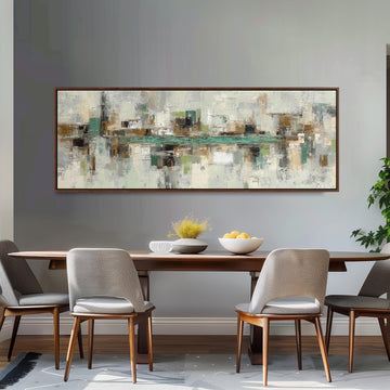a modern dining room with a large abstract painting hanging on the wall above a wooden dining table with four chairs. The table is set with a bowl of fruit and a vase of flowers, creating a welcoming and stylish atmosphere.