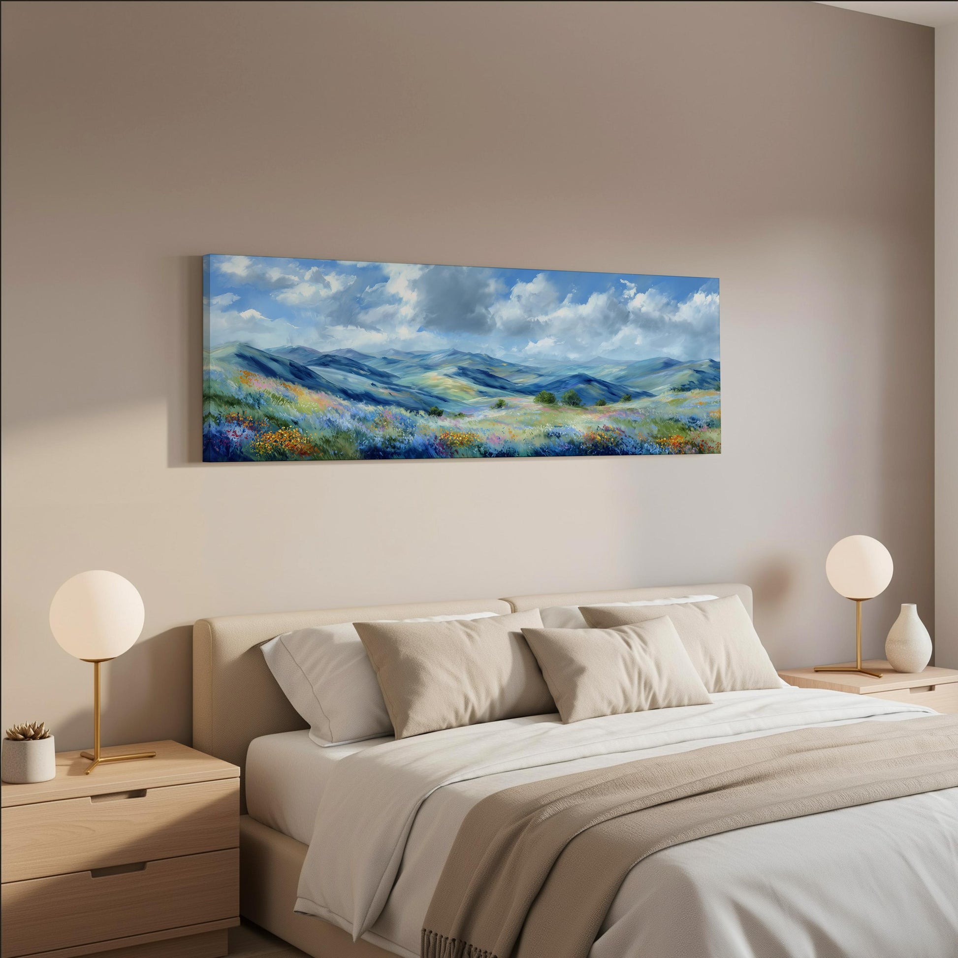 a serene bedroom scene with a large painting of a countryside landscape hanging on the wall above a bed with white bedding and beige pillows.