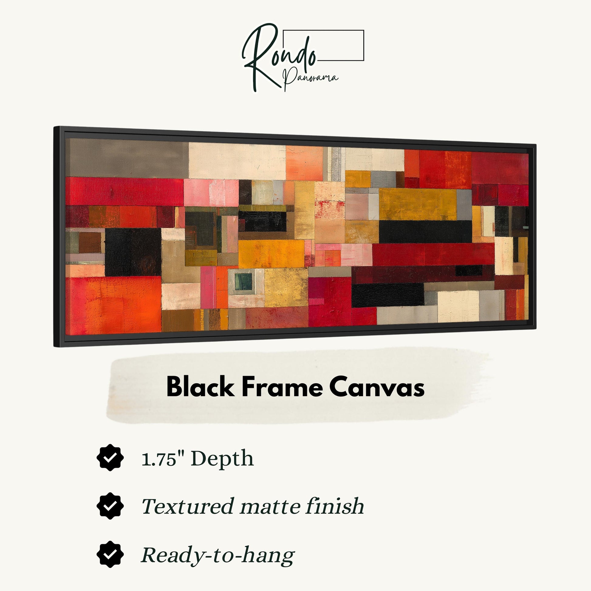The image is a black frame canvas with a textured matte finish, measuring 1.75" in depth. It is ready to hang and has a textured matte finish.