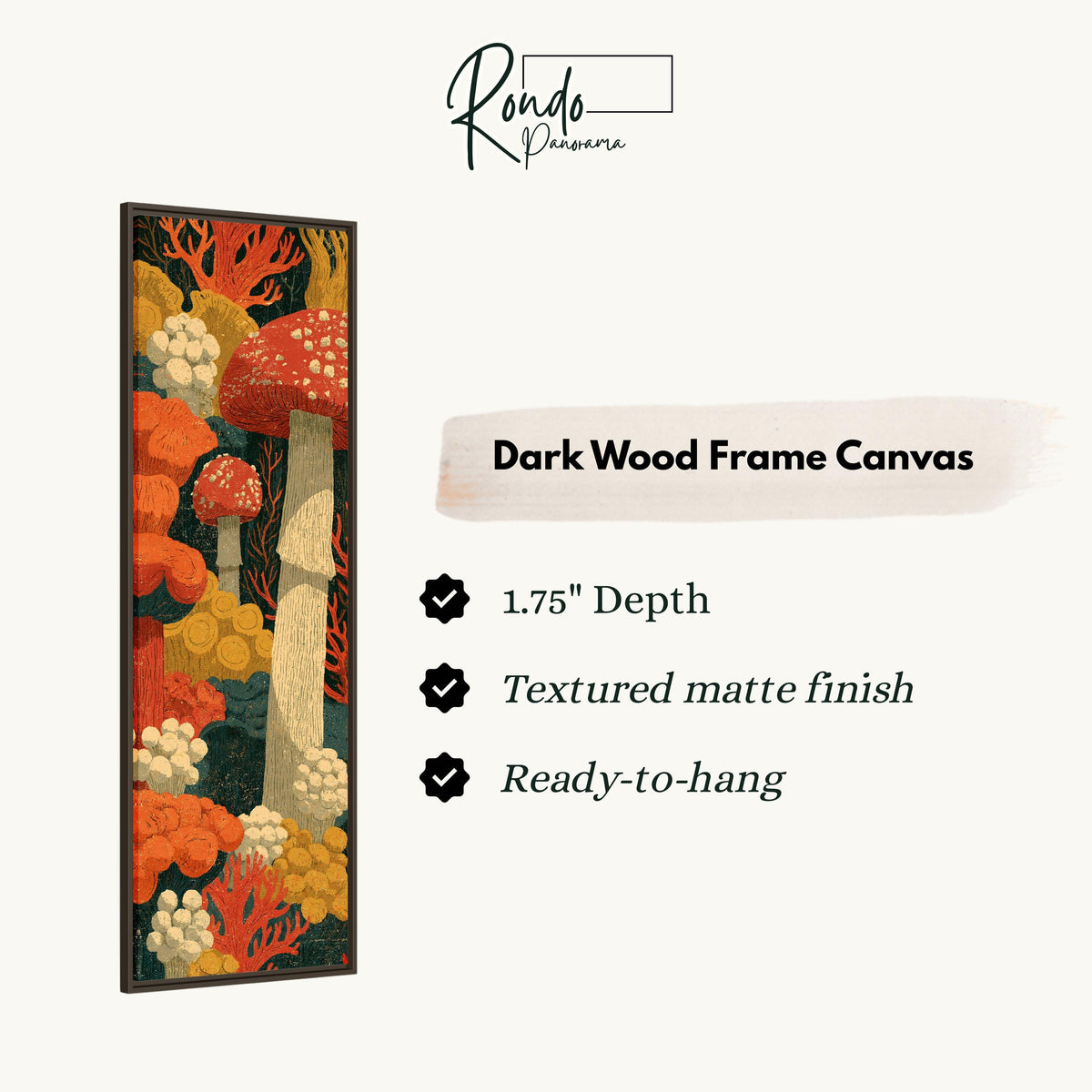 Woodcut style mushroom forest canvas print in a dark wood floating frame