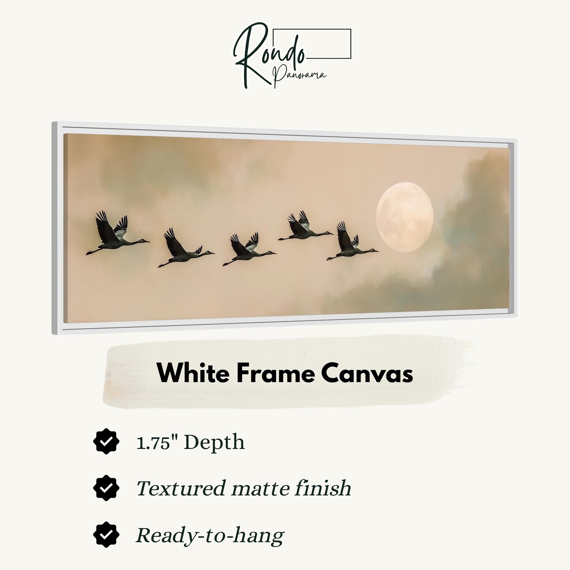 A white frame canvas depicting a flock of birds flying in formation against a backdrop of a full moon and a cloudy sky.