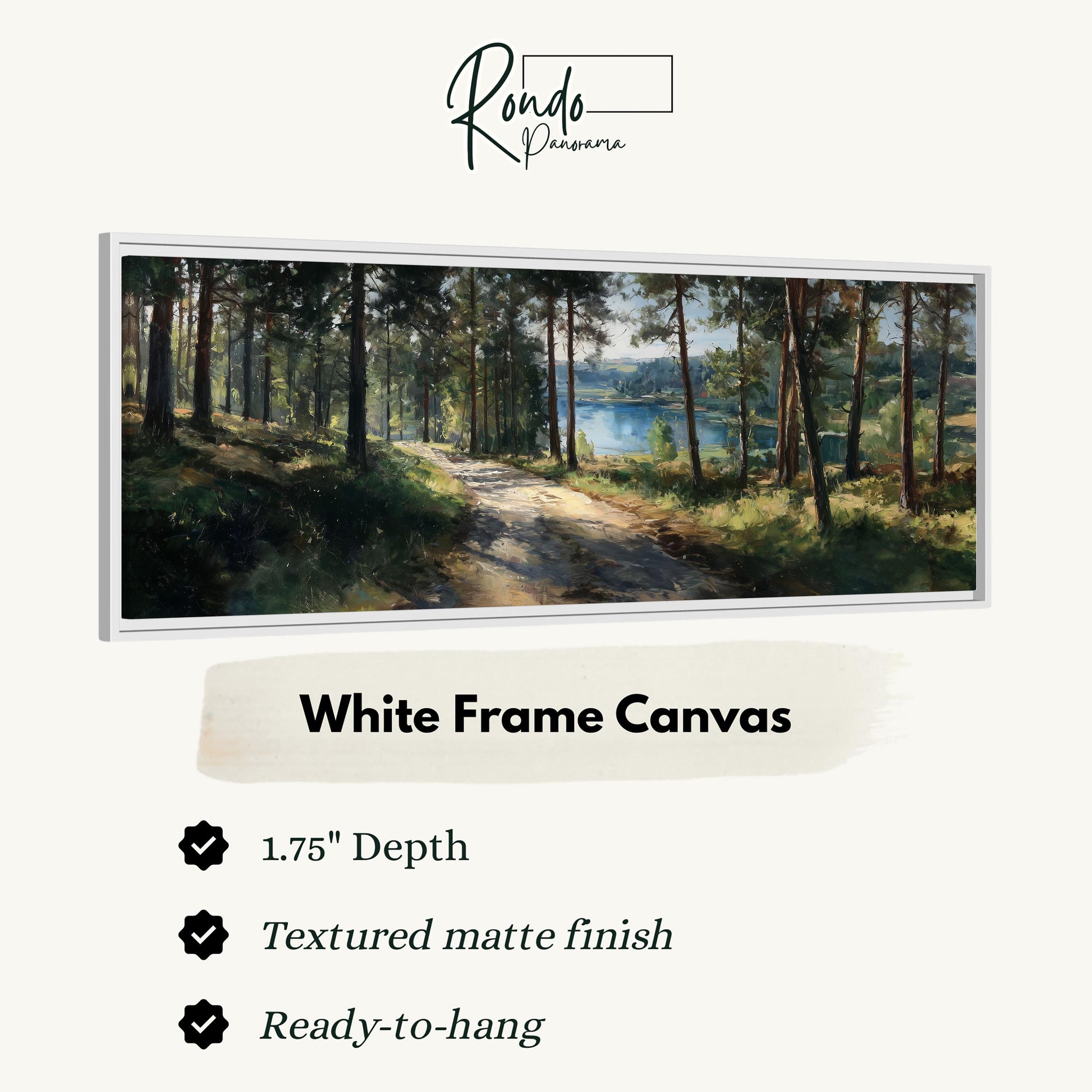 The image is a white frame canvas depicting a forest scene with a path leading through the trees and a body of water in the background.