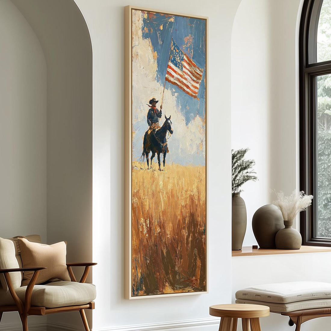Cowboy on horseback carrying an American flag long vertical canvas print in a sunlit living space