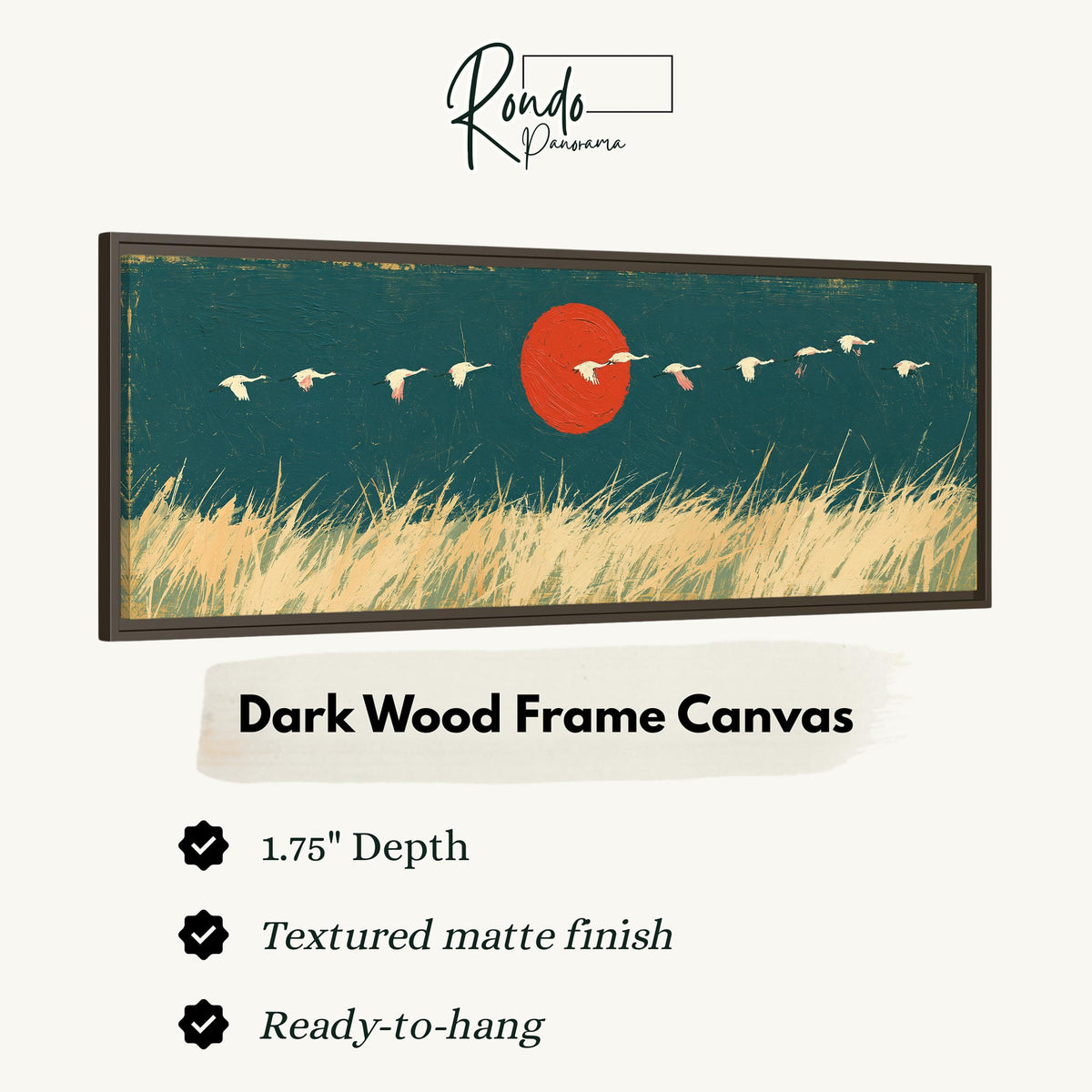 Bird flock over a prairie under a red sun canvas print in a dark wood floating frame