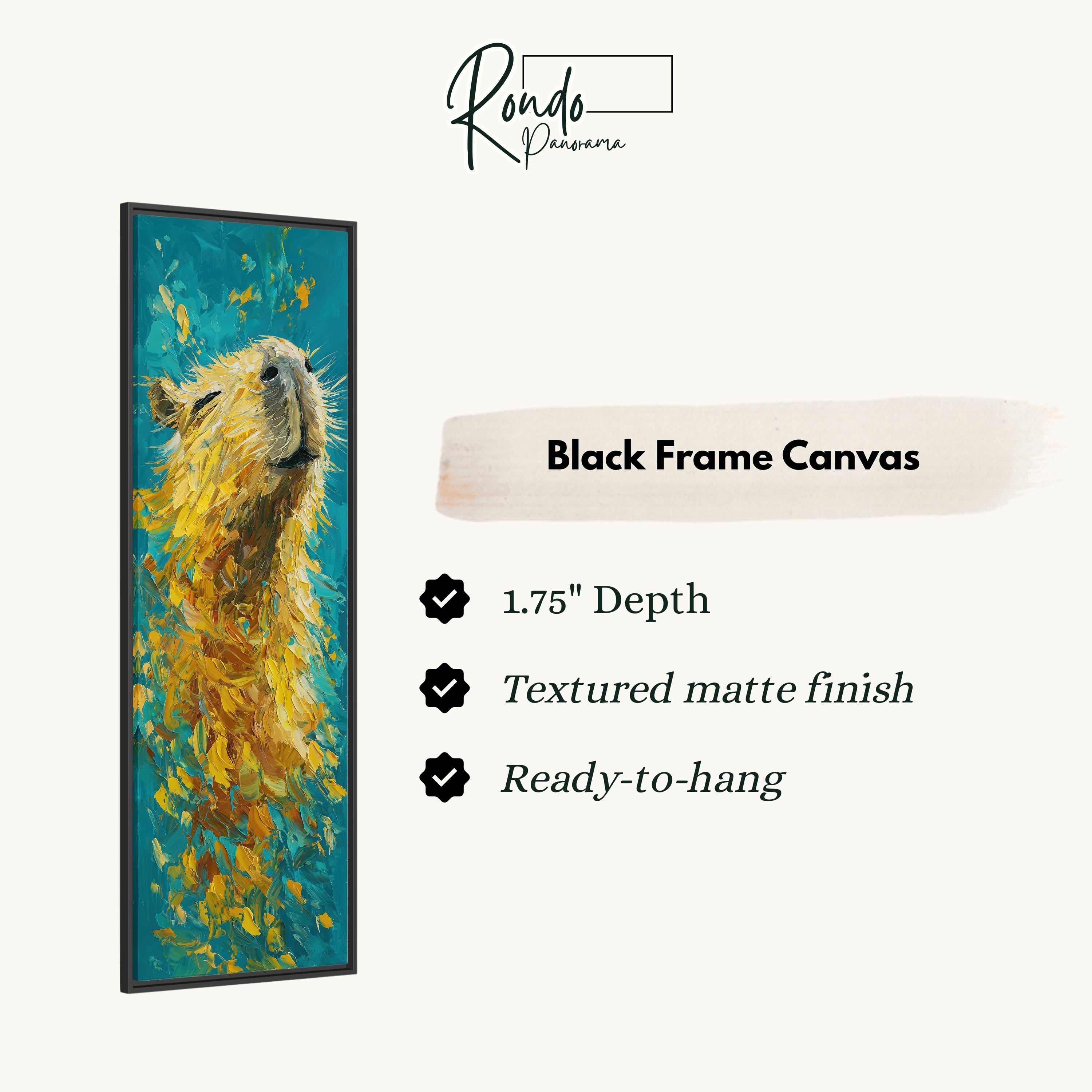 The image is a black frame canvas featuring a painting of a yellow and green animal, possibly a bird or a fish, with a text box providing details about the artwork.