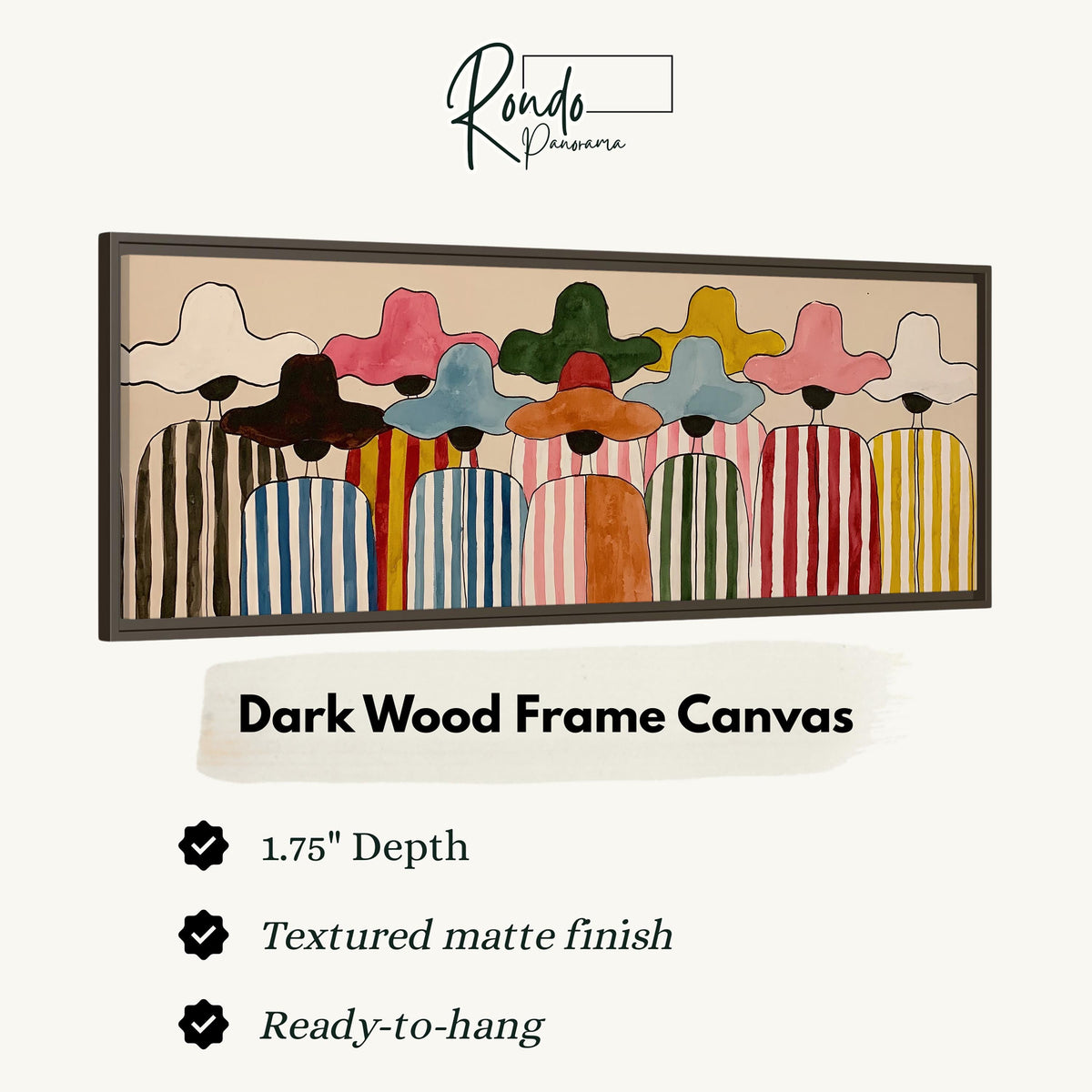 Crowd of figures in colorful sun hats canvas print in a dark wood floating frame