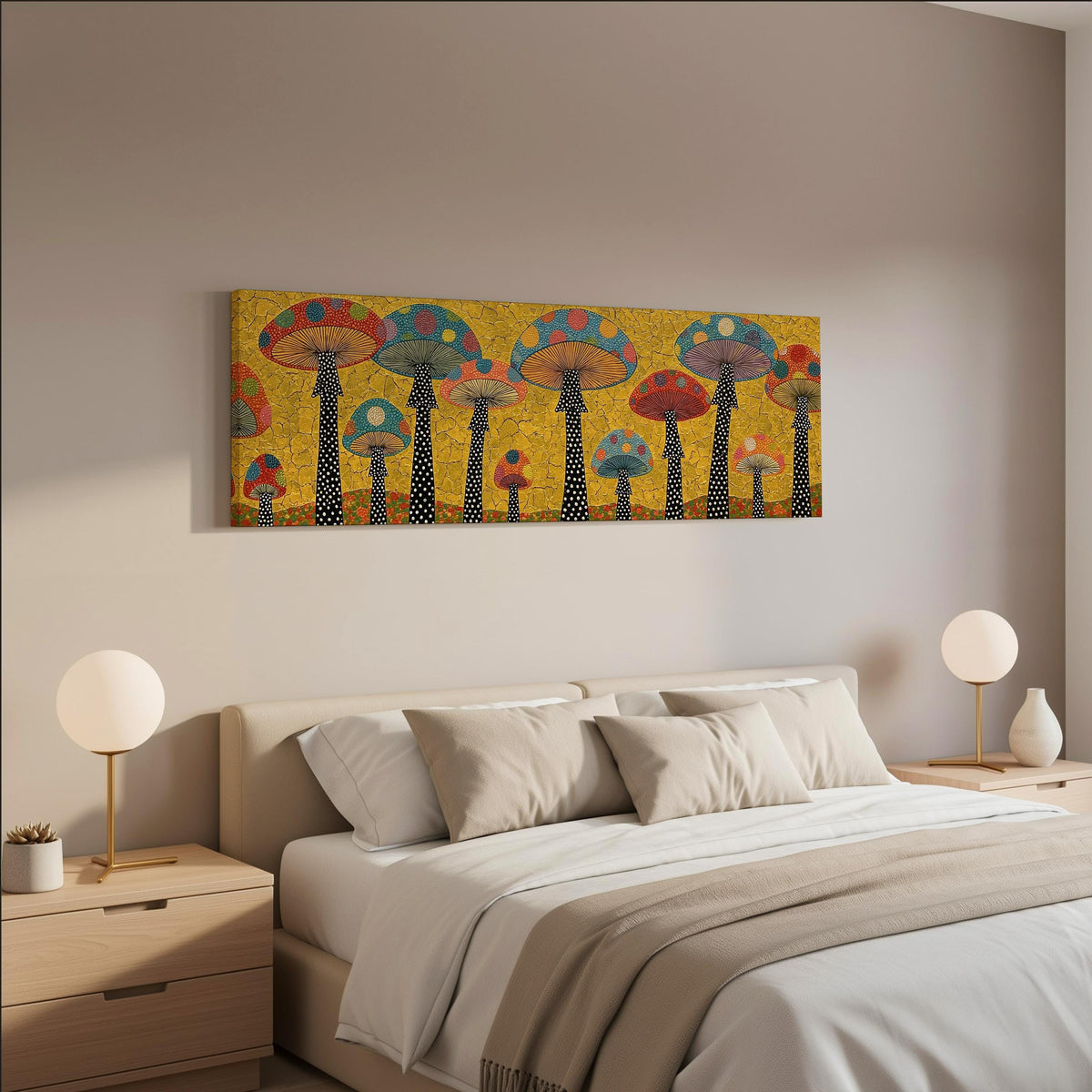 Polka dot mushrooms on gold wide panoramic canvas print above a bed in a neutral bedroom