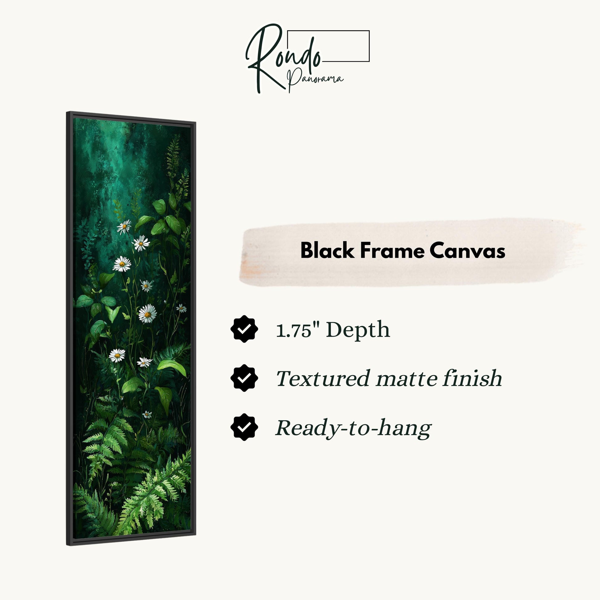 The image is a black frame canvas depicting a lush green plant with white flowers.