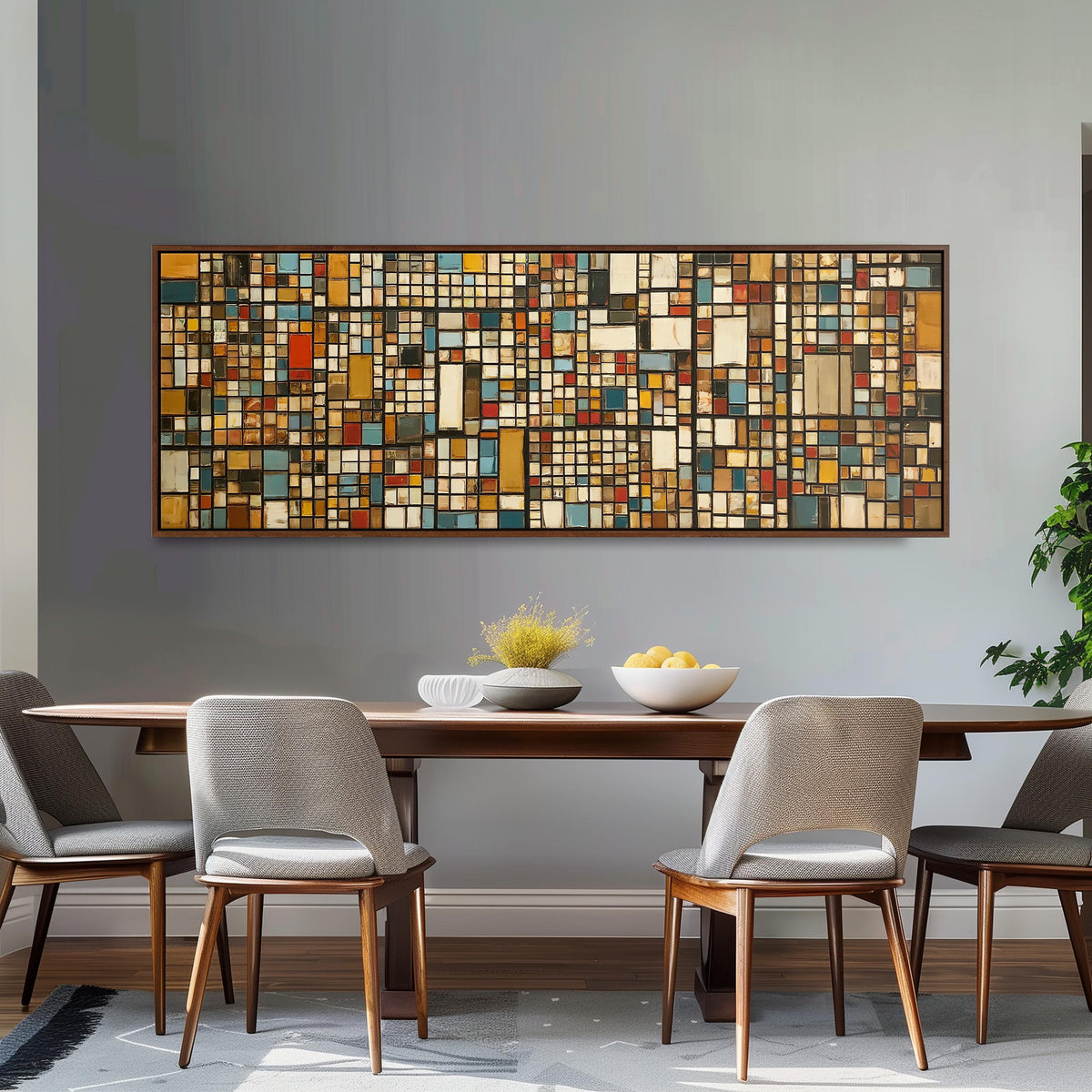 Ochre and blue mosaic tiles with red accents long horizontal canvas print above a dining table