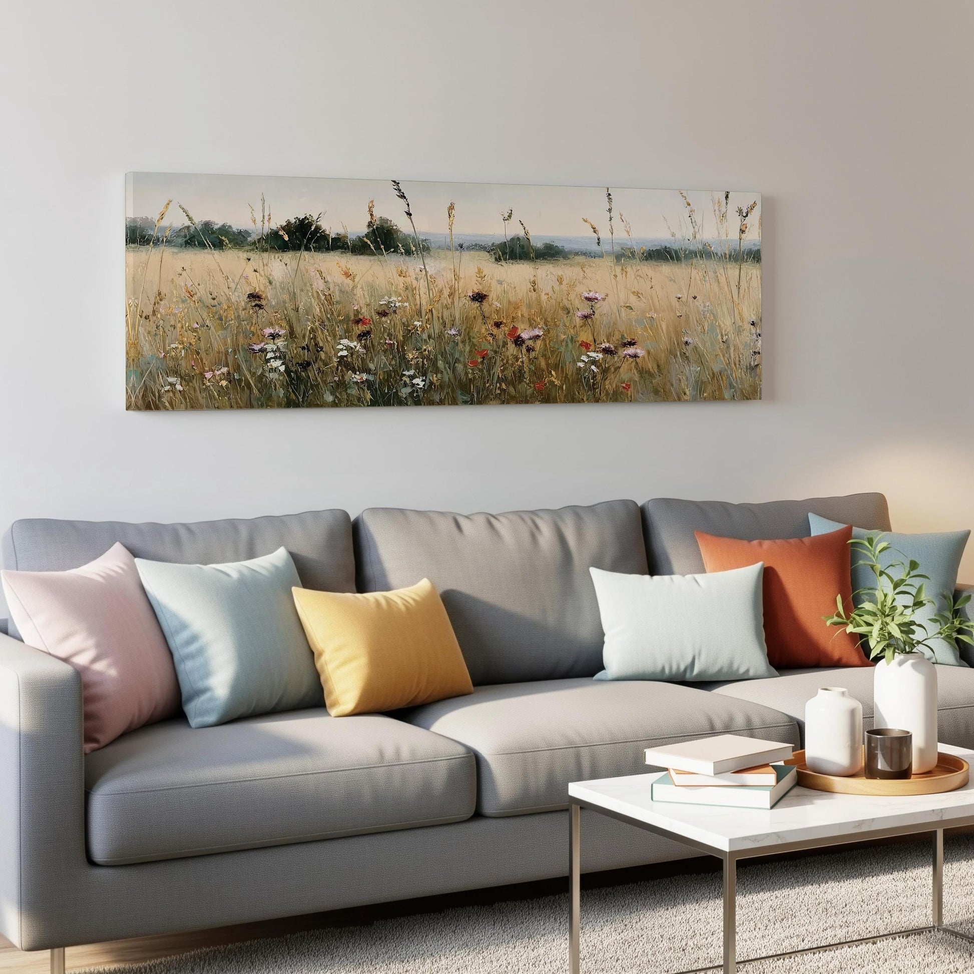 a living room with a gray sofa adorned with colorful throw pillows, a coffee table with books and a plant, and a large landscape painting hanging on the wall above the sofa.