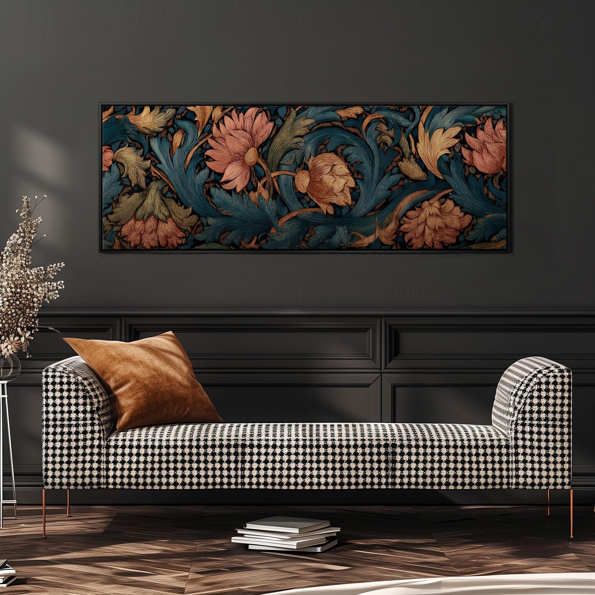a black and white checkered sofa with a brown throw pillow, set against a dark wall with a large framed floral artwork hanging above it.