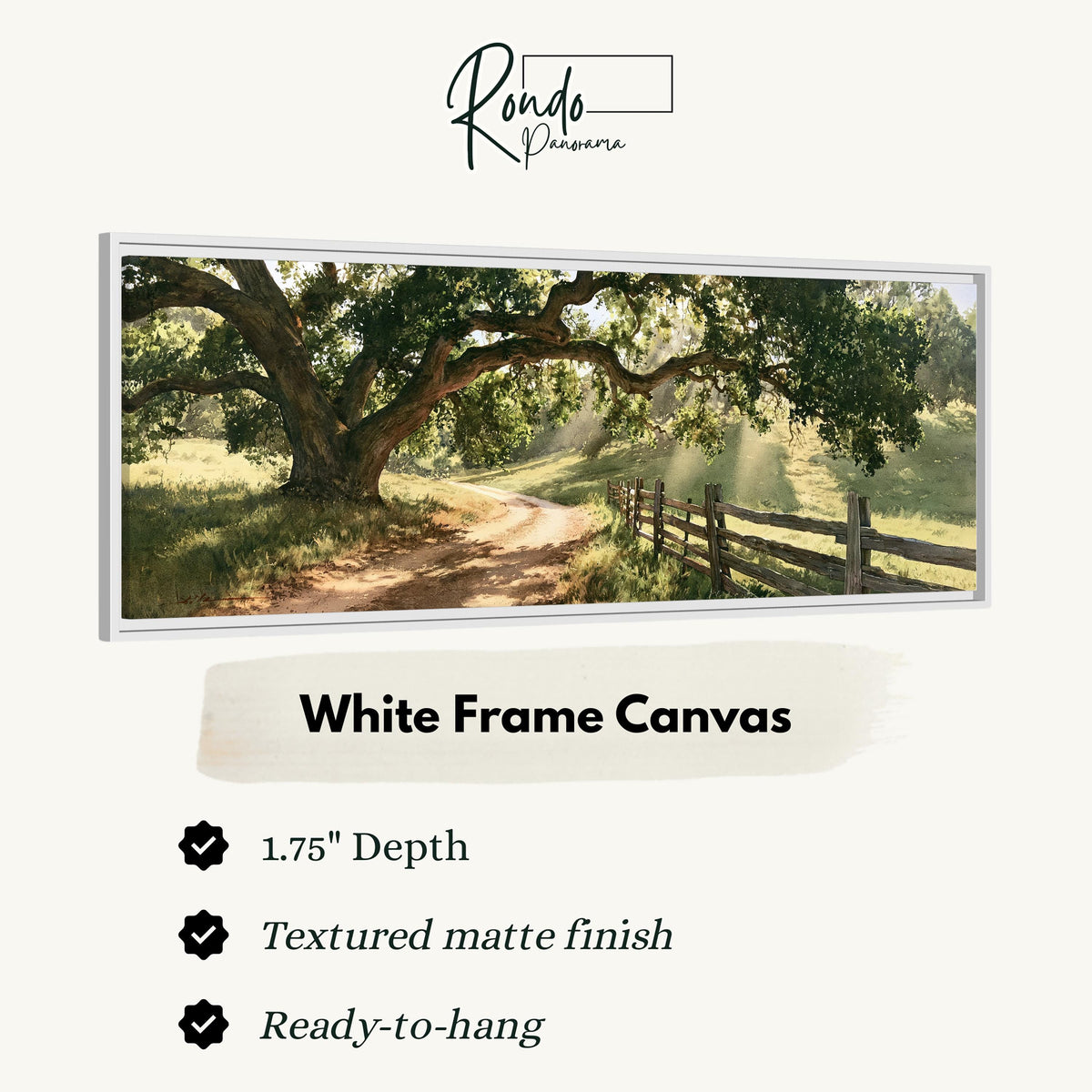 Sunlit country lane with oak trees and a wooden fence canvas print in a white floating frame