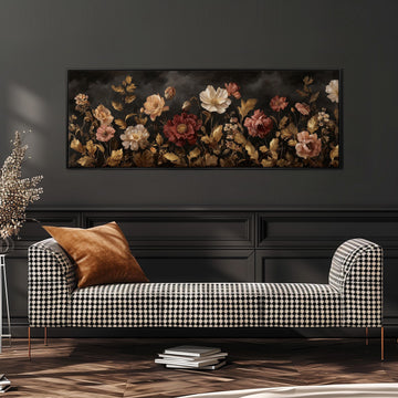 a black and white checkered sofa with a brown throw pillow, set against a dark wall with a large framed painting of flowers above it.