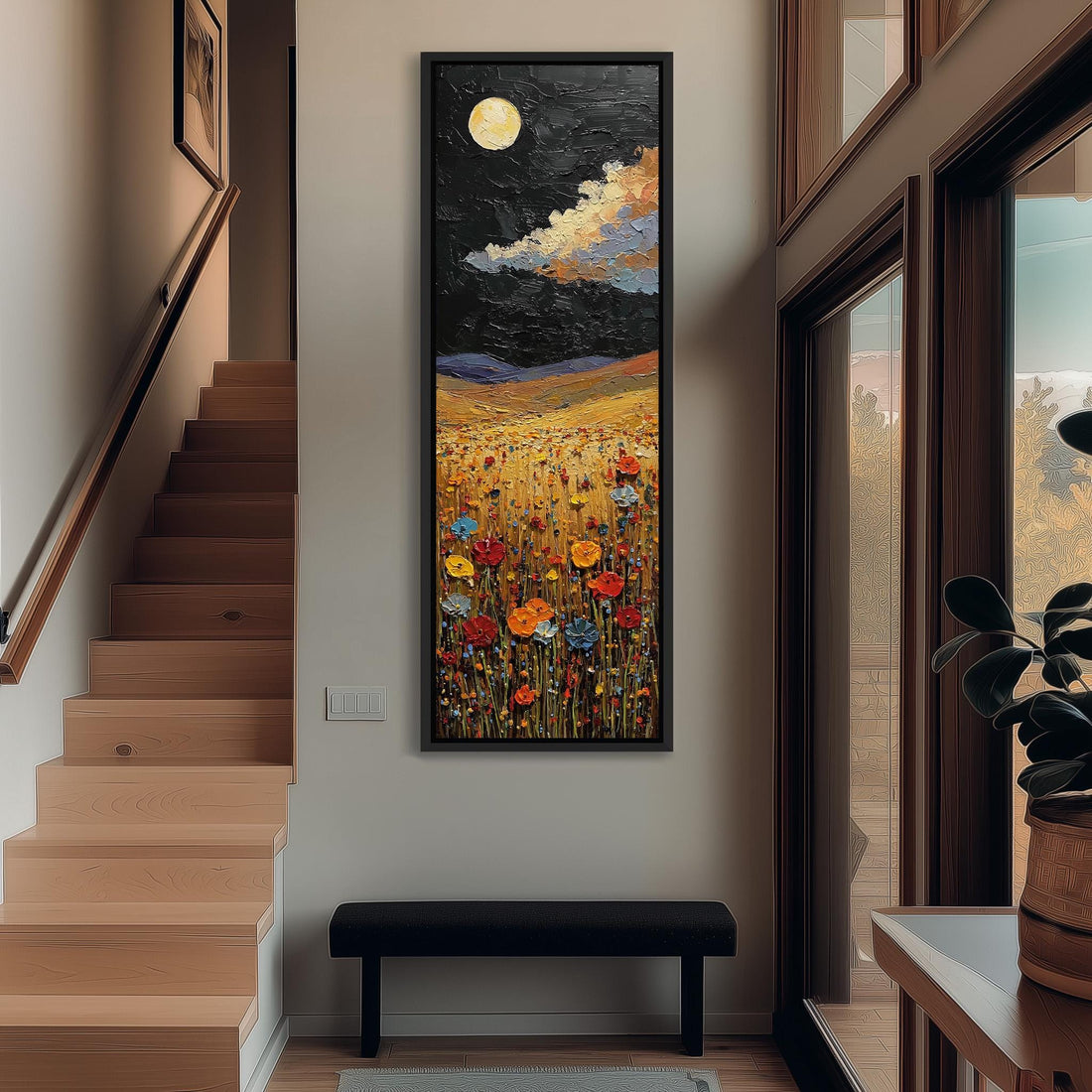 a large, colorful painting of a field of flowers hanging on a wall.