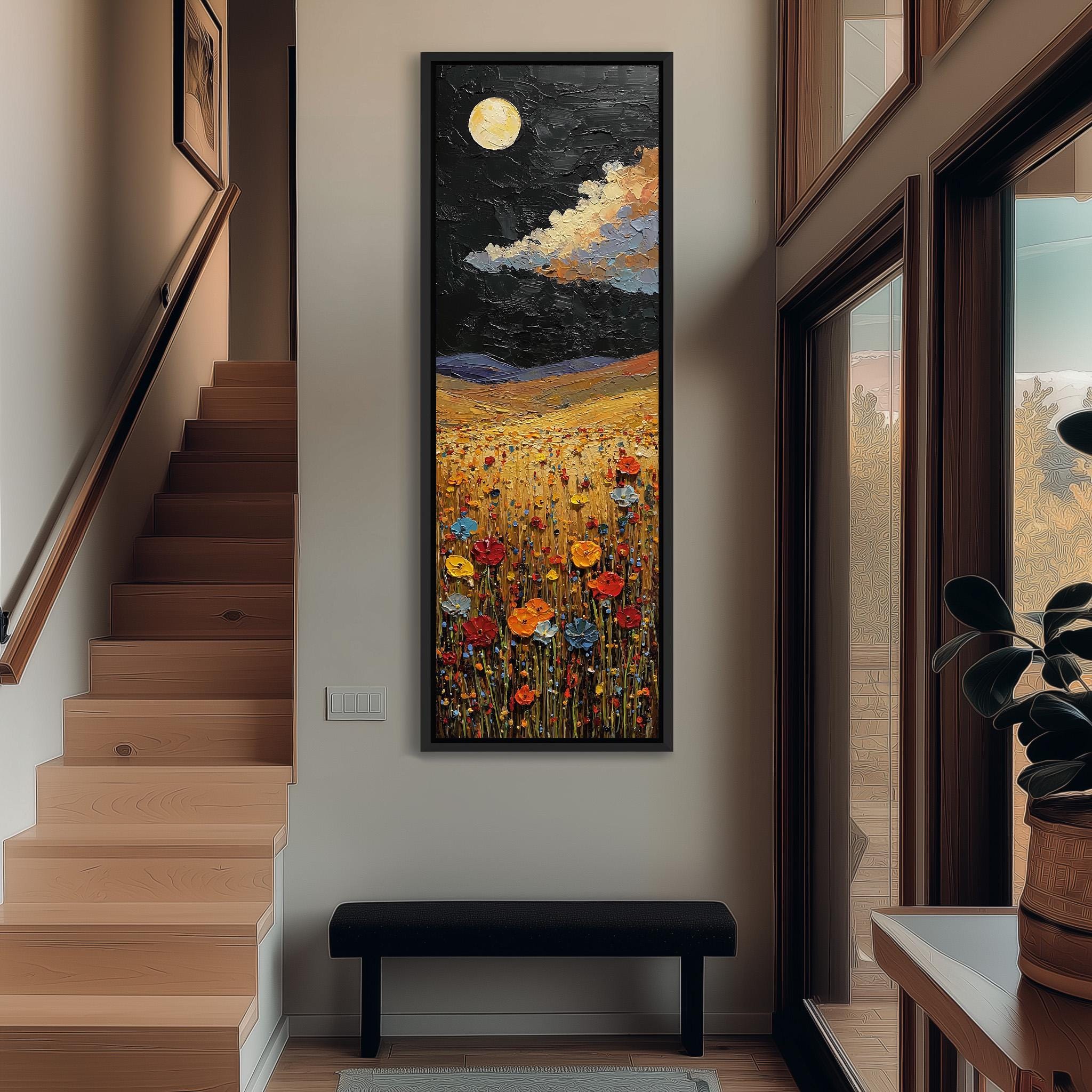 a large painting of a field of flowers hanging on the wall of a hallway.