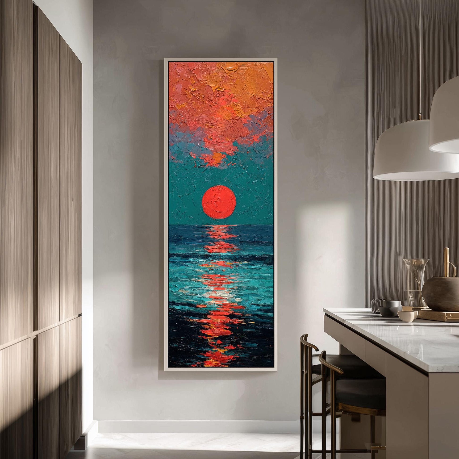 a large, colorful painting of a sunset over the ocean, hanging on a wall in a modern kitchen.