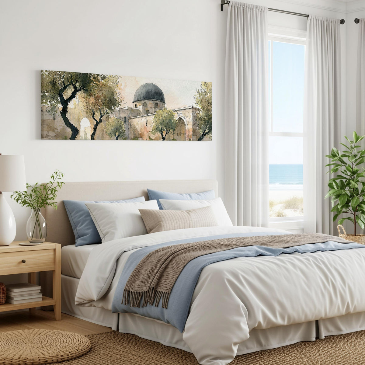 Old stone dome in a sketch style panoramic canvas print above a bed in a coastal bedroom