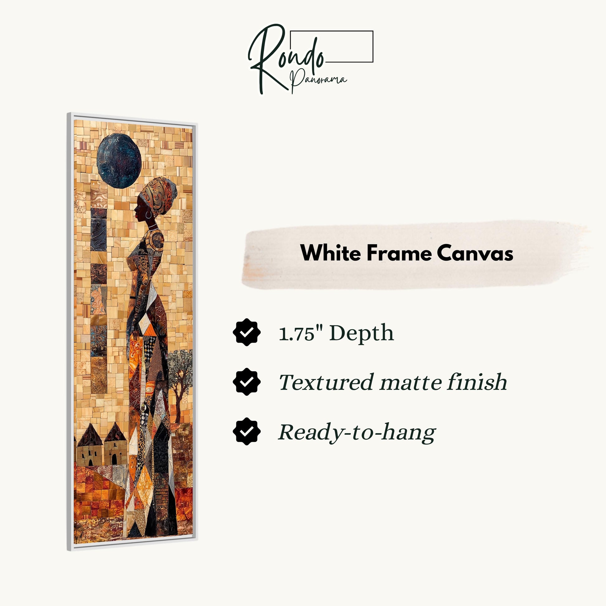 The image is a white frame canvas featuring a painting of a woman with a large headdress. The painting is described as having a 1.75" depth, a textured matte finish, and is ready to hang.
