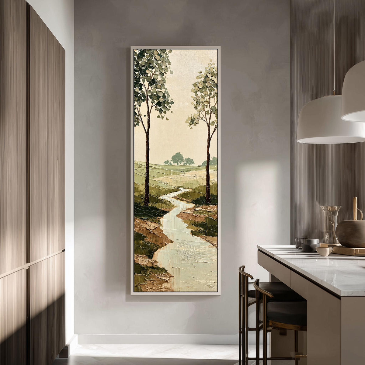 Stream winding between trees into the countryside tall skinny canvas print in a modern kitchen