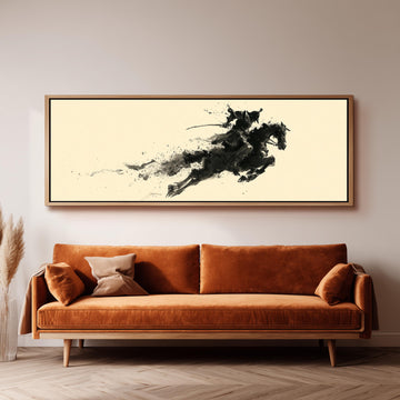 a large, framed artwork depicting a horse in mid-gallop, hanging on a wall above a brown sofa.