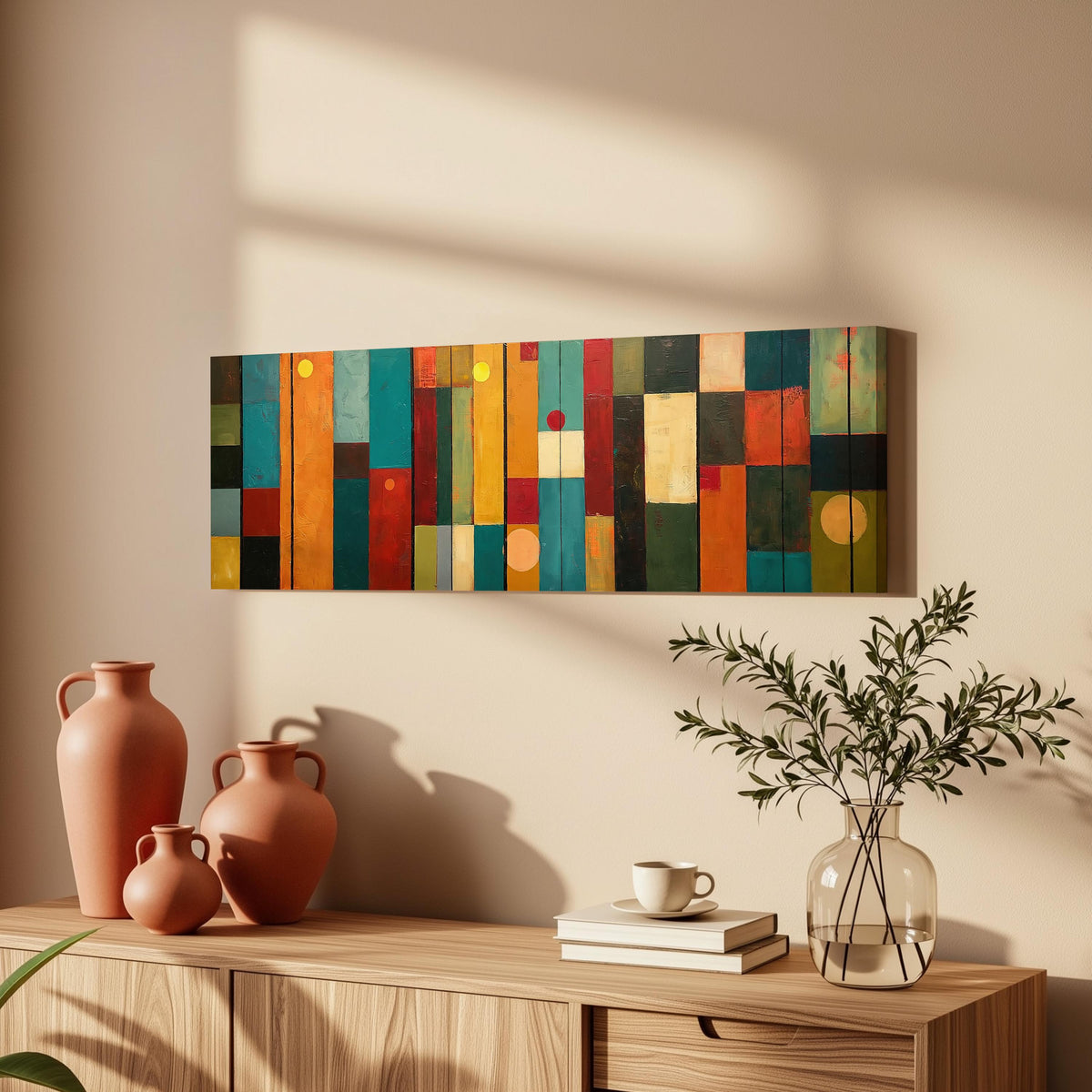 Color block panels with dots long horizontal canvas print above a wooden sideboard