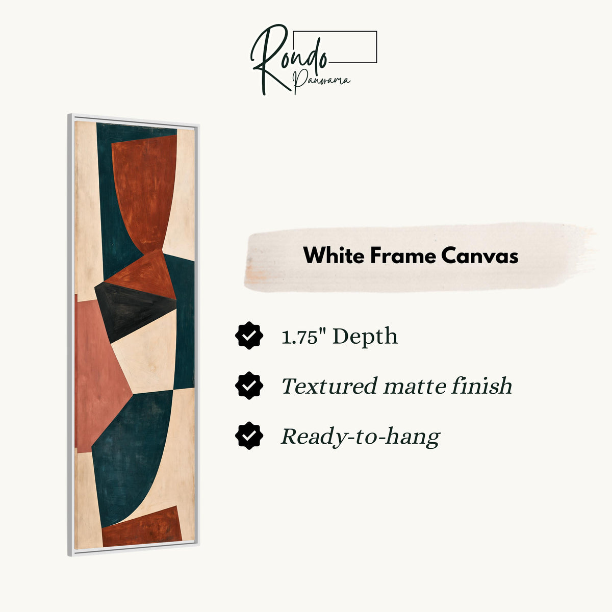 Curved blocks in rust, teal and cream canvas print in a white floating frame