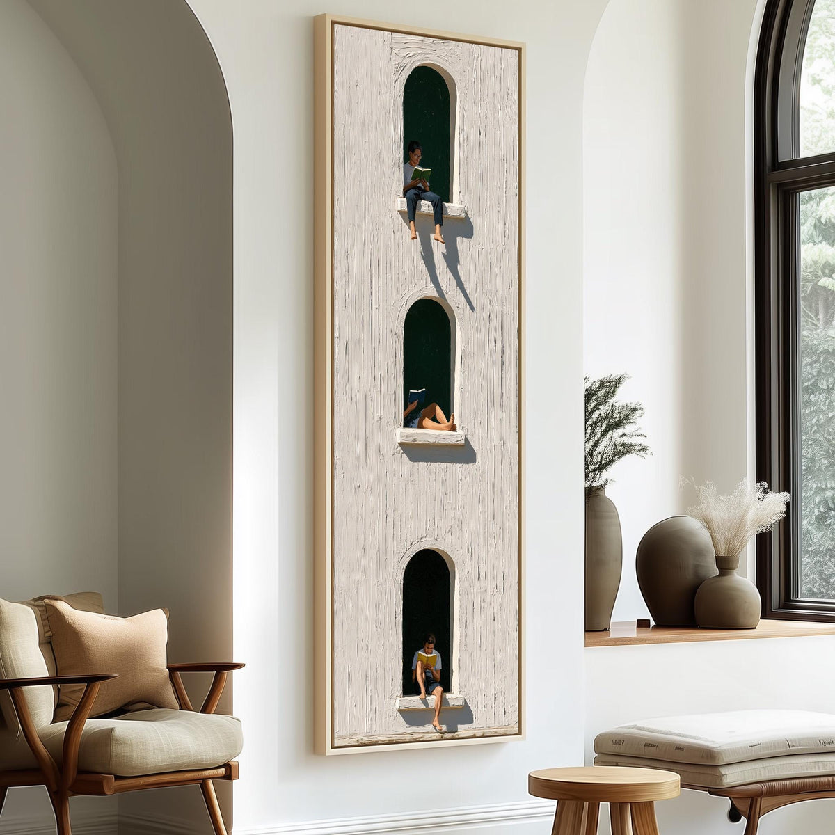 People reading in arched windows on a whitewashed wall long vertical canvas print in a sunlit living space