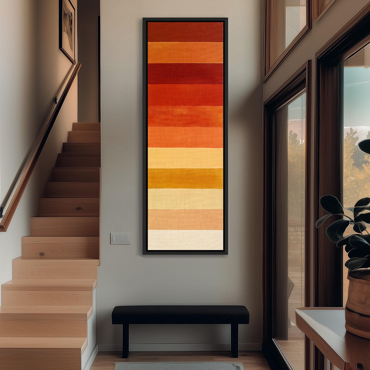 Horizontal stripes from rust to mustard and cream tall narrow canvas print beside a staircase in an entryway