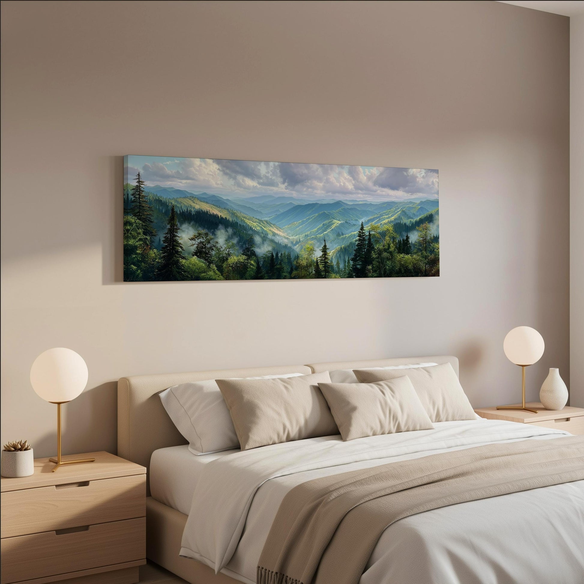 a serene bedroom scene with a large landscape painting hanging on the wall above a bed with white bedding and beige pillows.