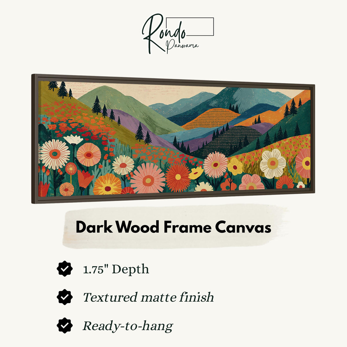 Wildflower valley below patterned mountains canvas print in a dark wood floating frame