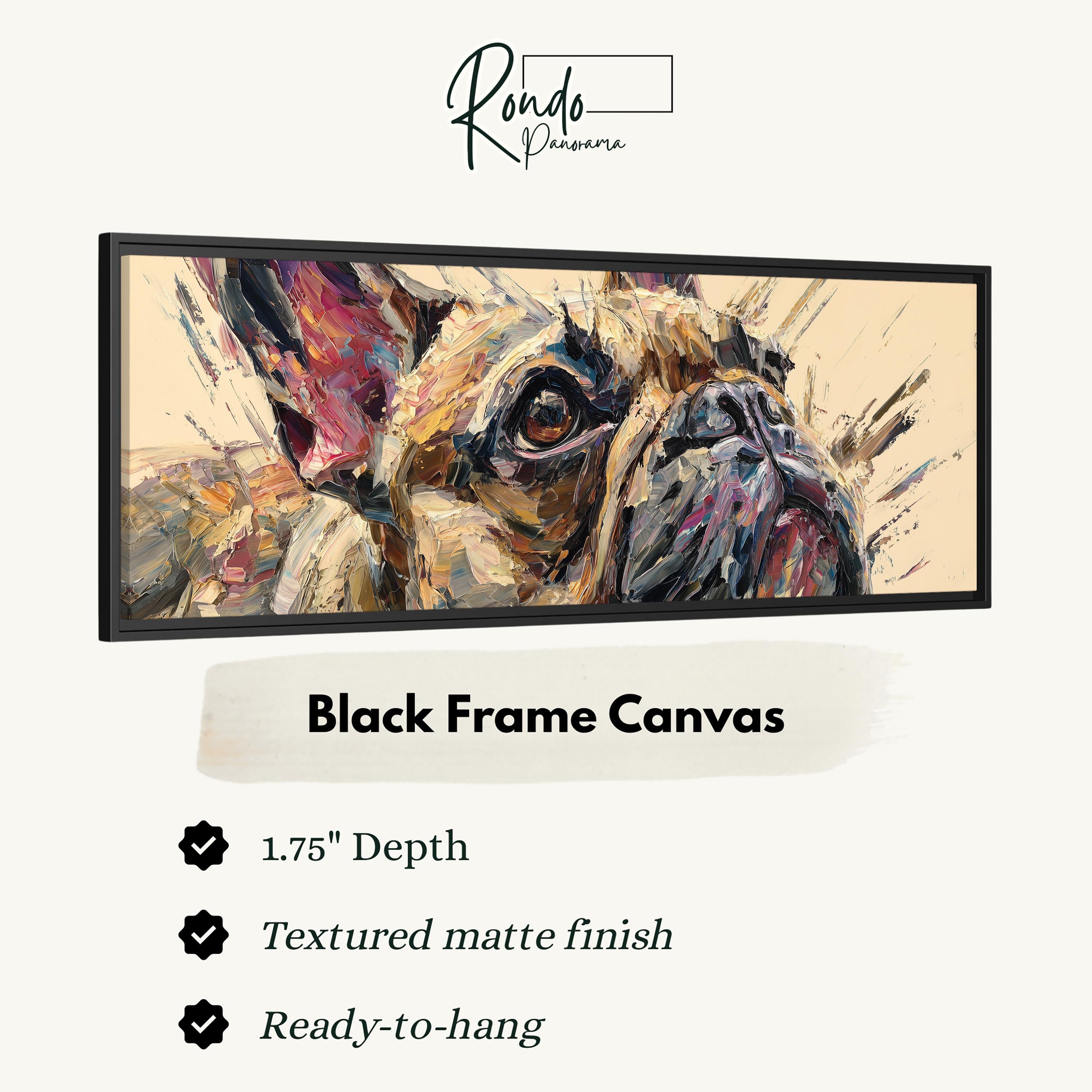 The image is a black frame canvas featuring a close-up of a dog's face, with a textured matte finish and a 1.75" depth.