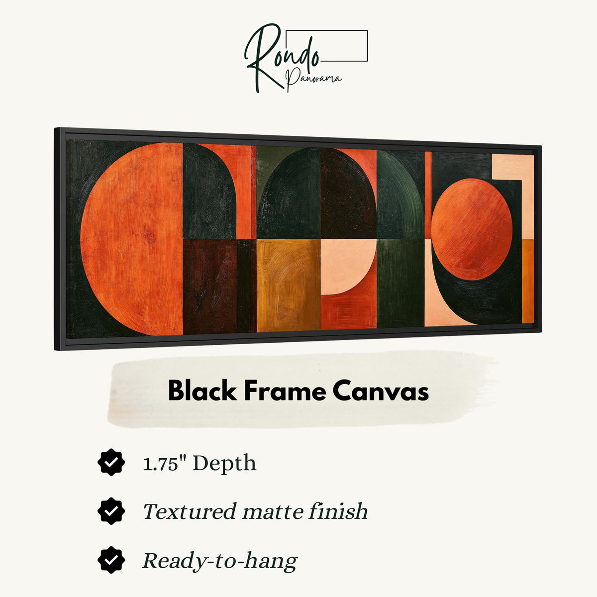 Orange circles and arches on forest green canvas print in a black floating frame