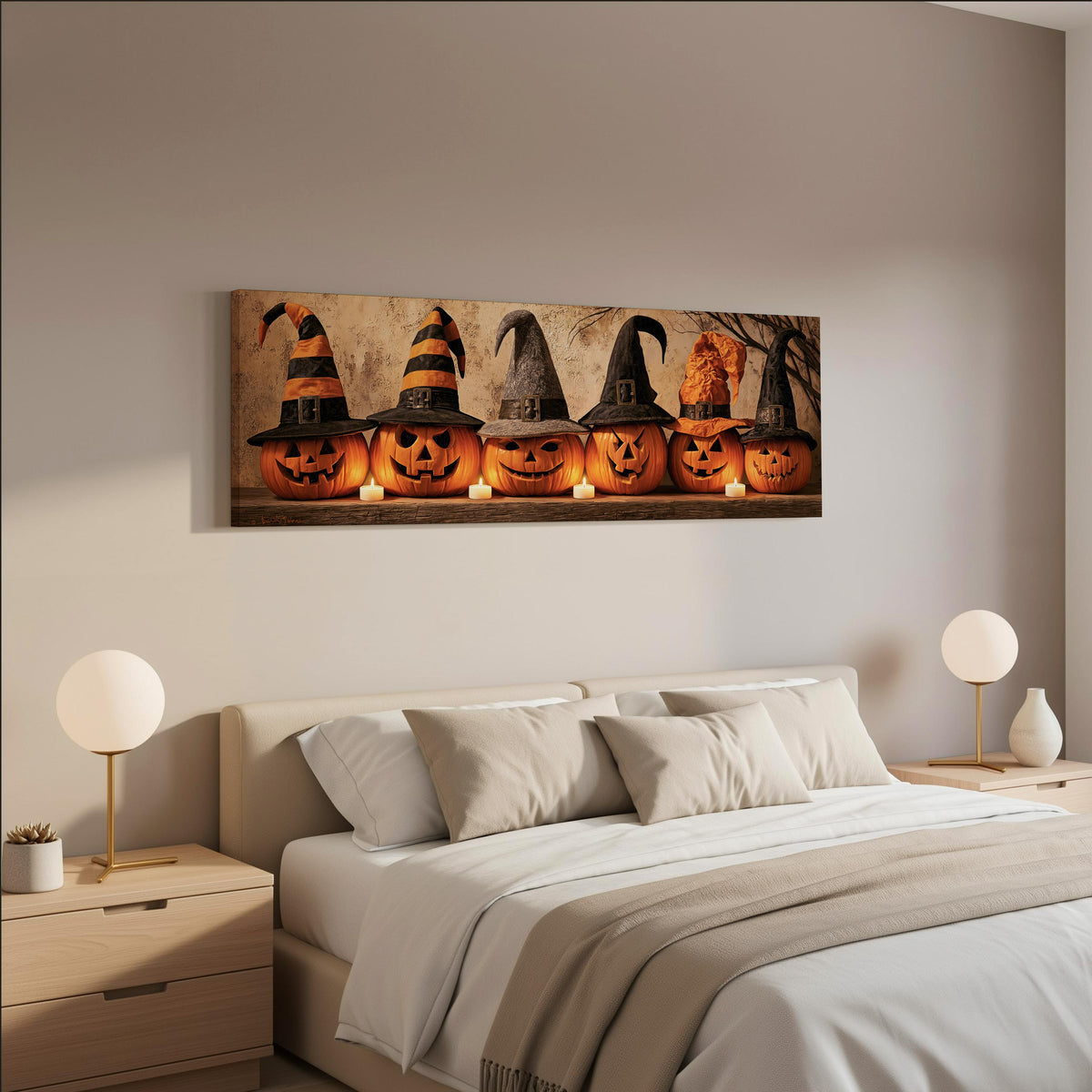 Jack-o'-lanterns wearing witch hats by candlelight wide panoramic canvas print above a bed in a neutral bedroom