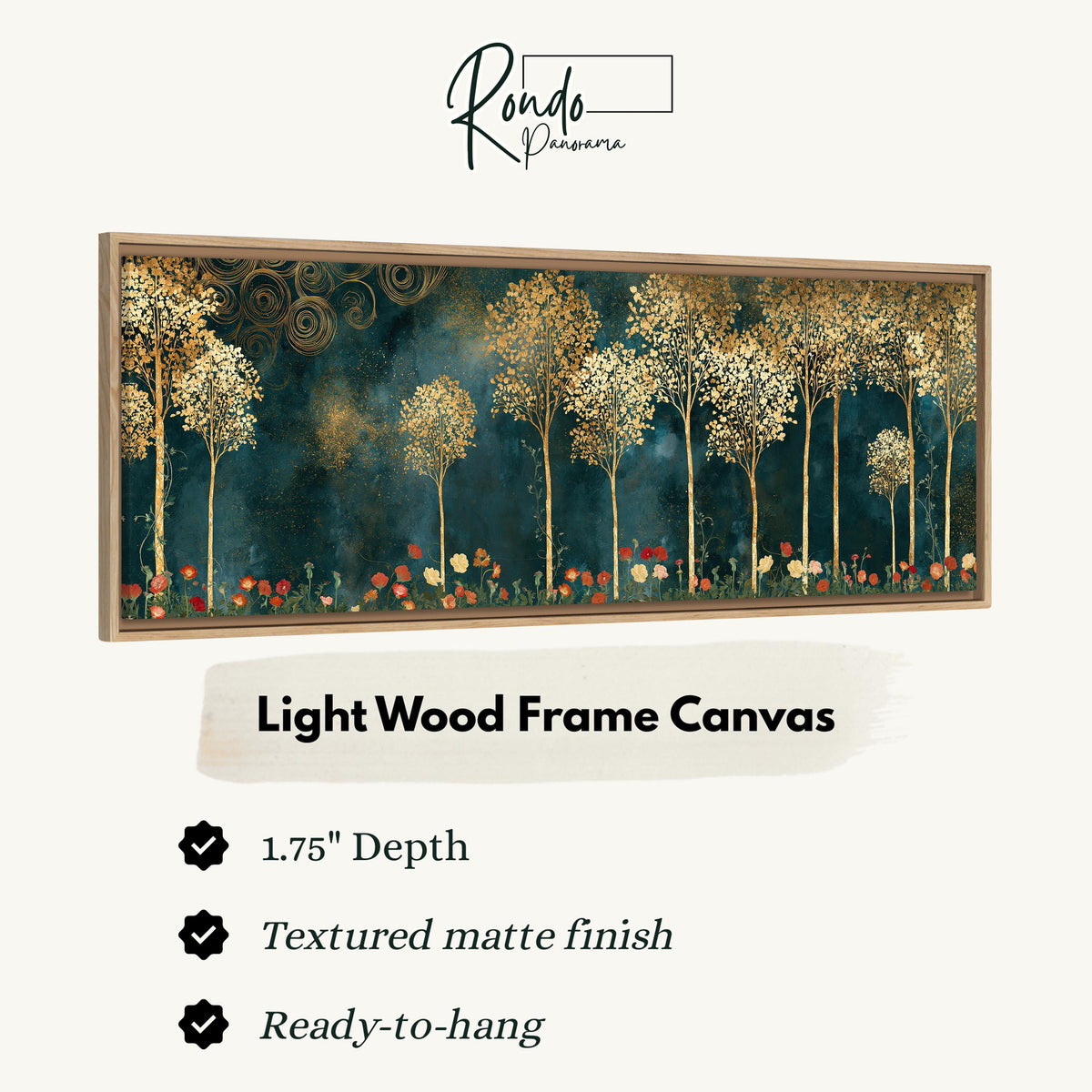 Gold leaf trees above red poppies on teal canvas print in a light wood floating frame