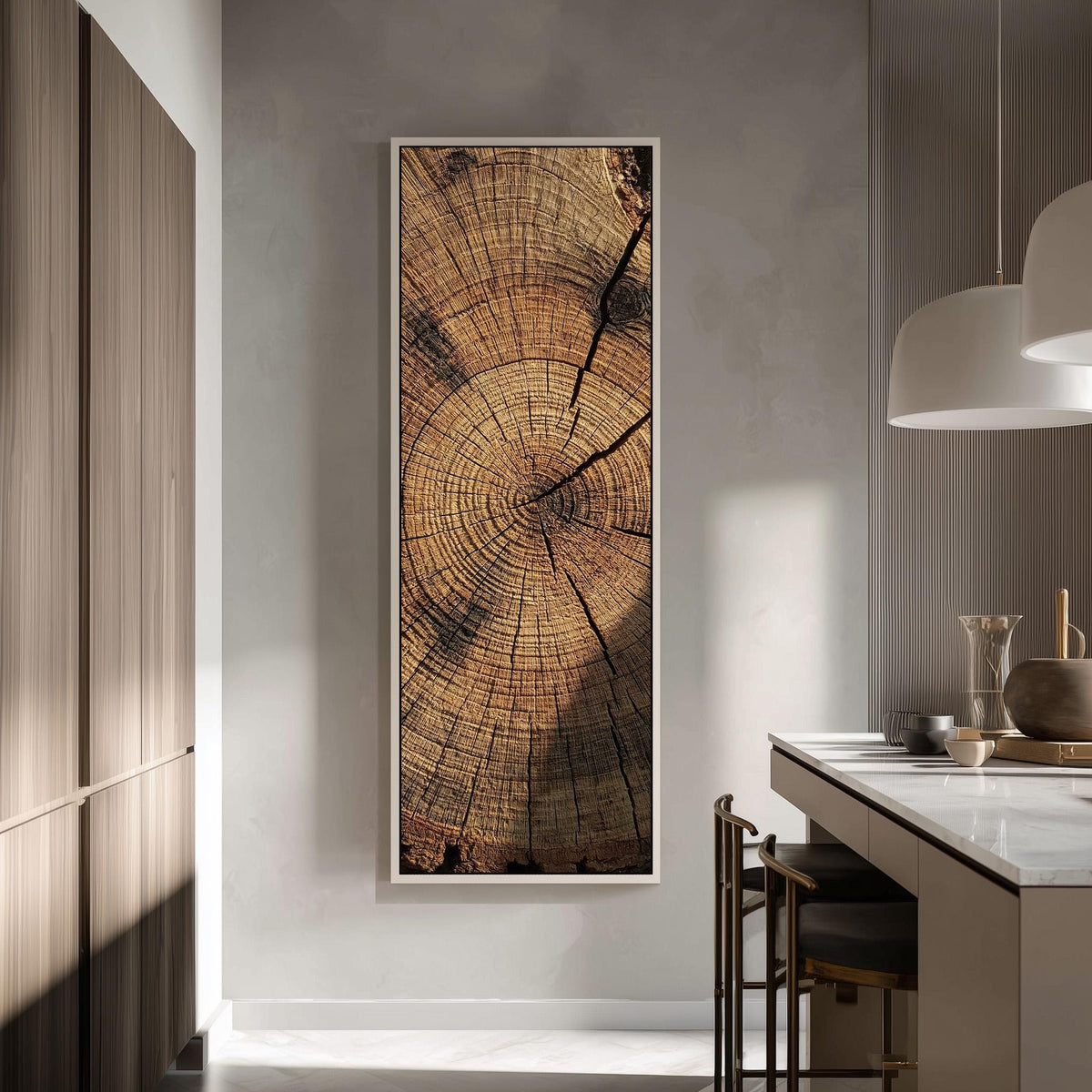 Weathered tree rings tall skinny canvas print in a modern kitchen