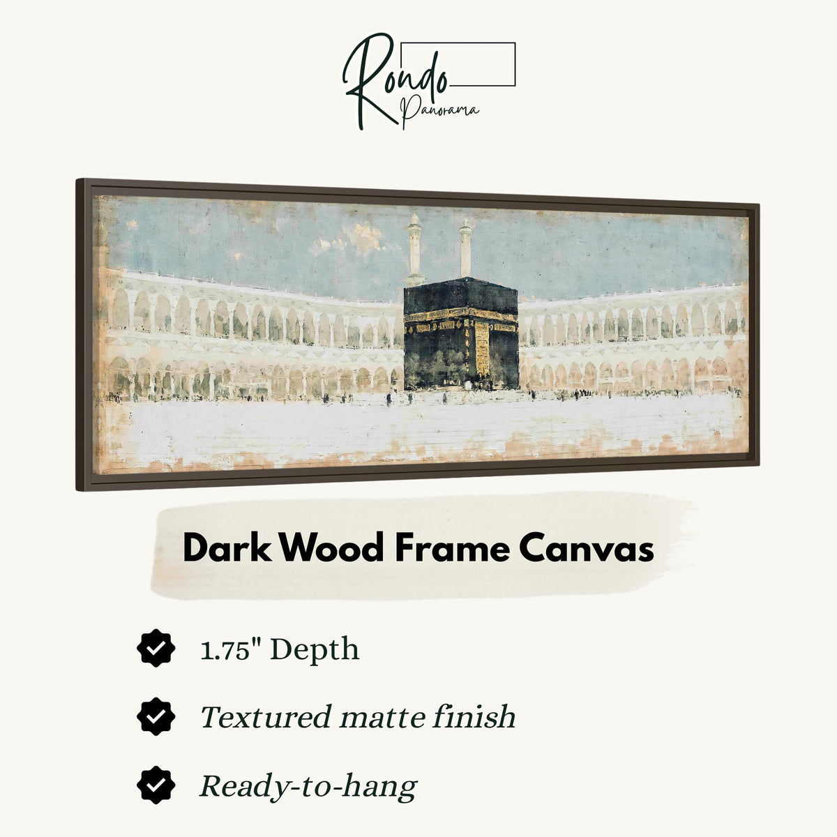 The Kaaba in the Grand Mosque courtyard canvas print in a dark wood floating frame