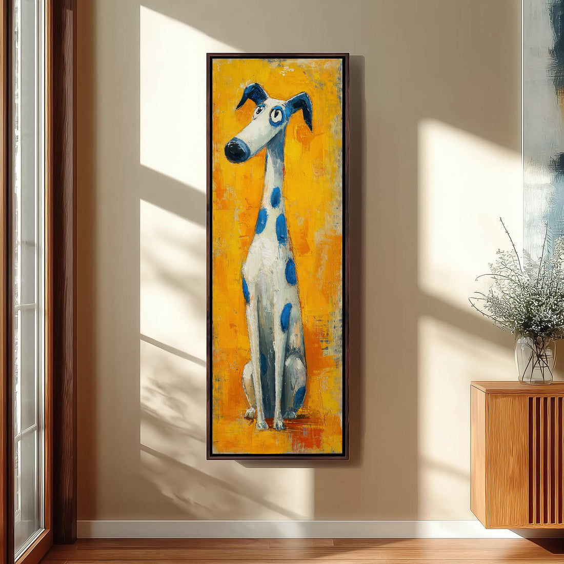 a large, colorful painting of a dog hanging on the wall in a hallway.