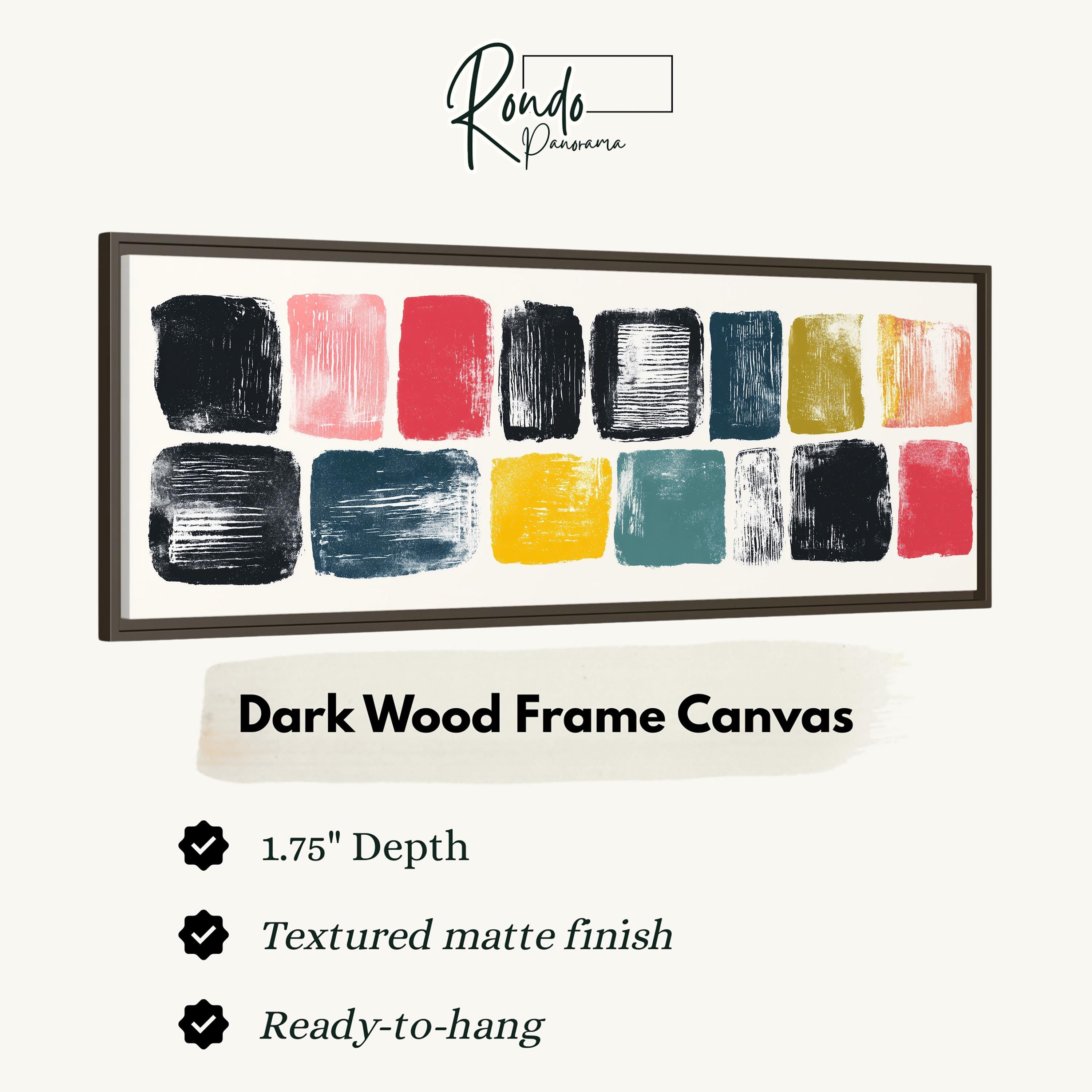 The image is a product advertisement for a dark wood frame canvas. It features a variety of abstract artworks in different colors and brushstrokes, creating a visually striking display. The advertisement highlights the canvas's 1.75" depth, textured matte finish, and the ability to hang it easily.