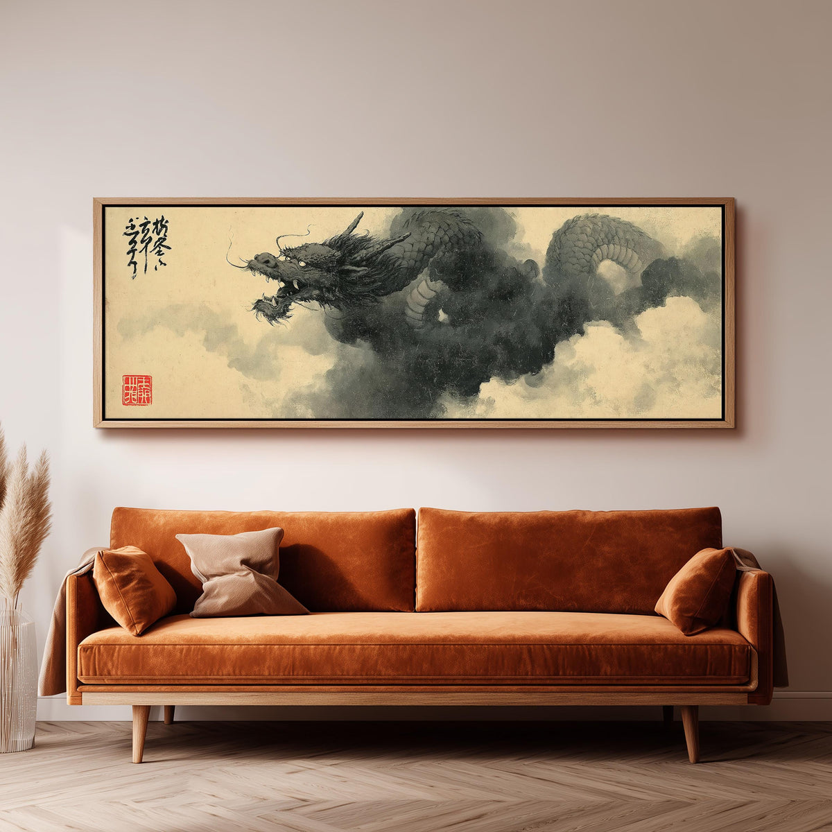 Ink dragon in the clouds panoramic canvas print above a sofa in a living room