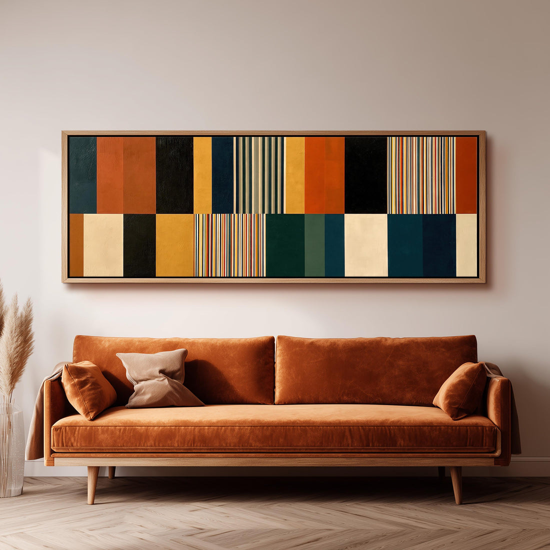 Autumn and teal stripe color blocks long horizontal canvas print above a sofa in a living room