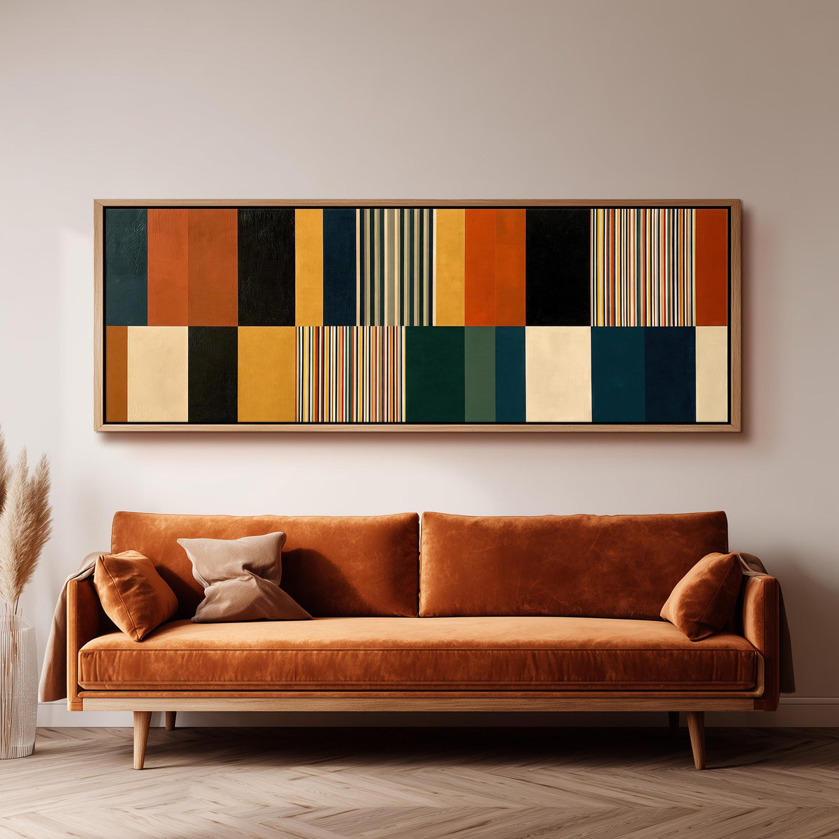 Autumn and teal stripe color blocks panoramic canvas print above a sofa in a living room