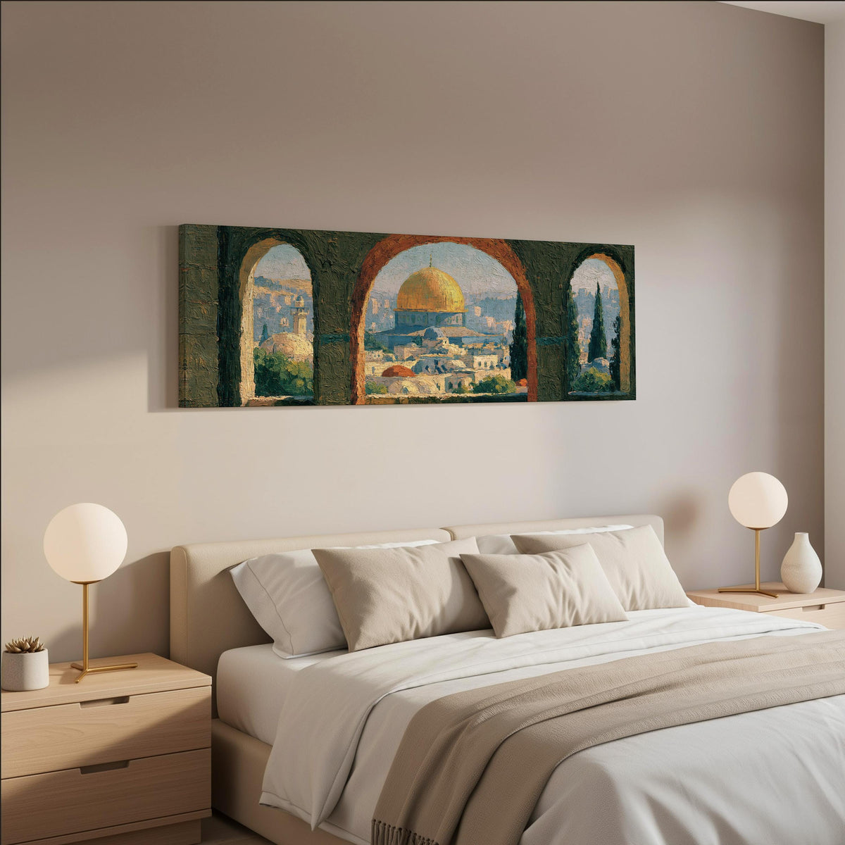 Dome of the Rock seen through stone arches wide panoramic canvas print above a bed in a neutral bedroom