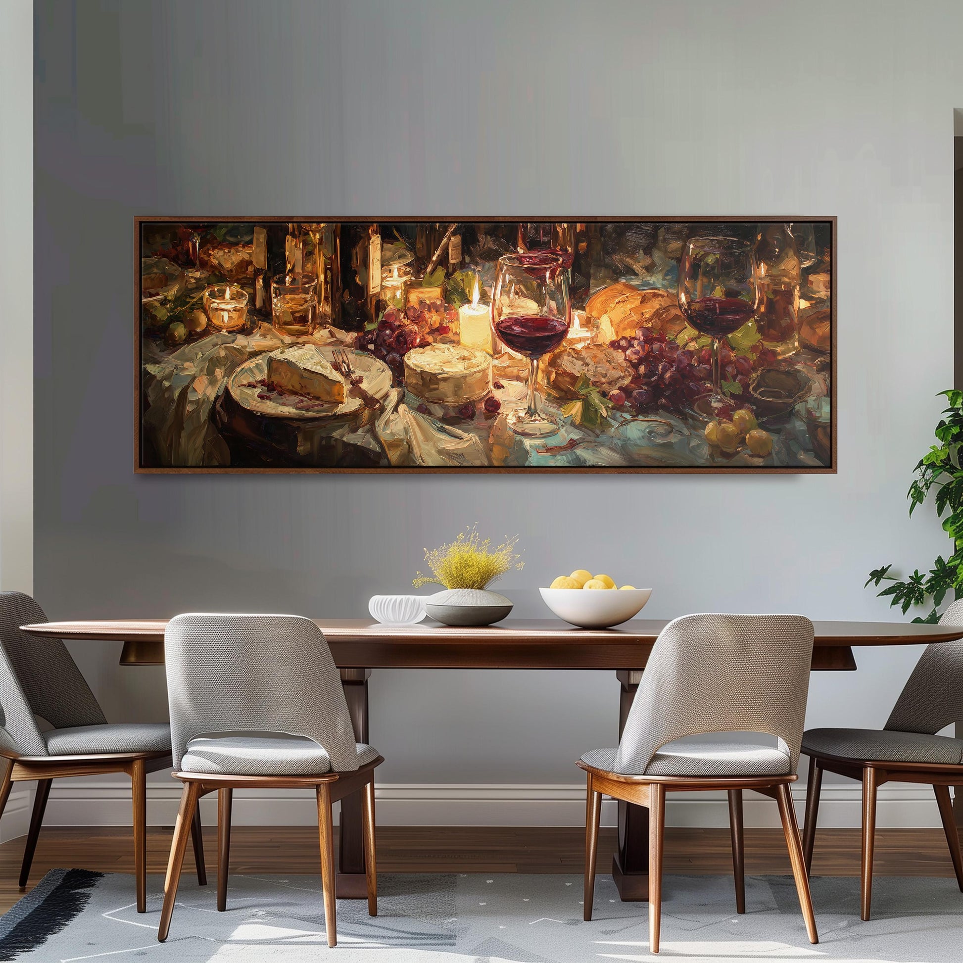 a large painting of a table set with food and wine, hanging on a wall above a wooden dining table with four chairs.
